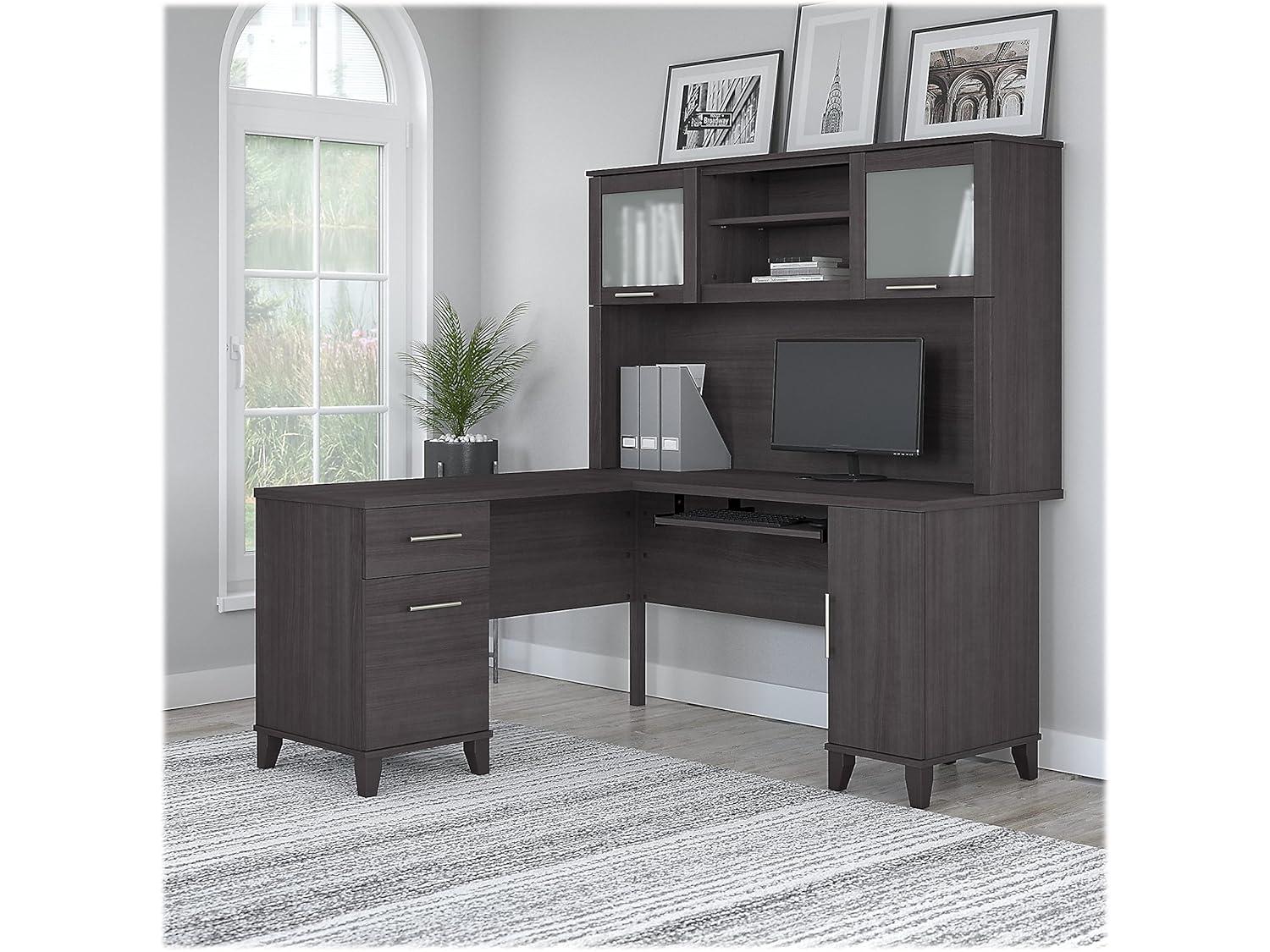 Bush Furniture Somerset 60 in L Desk with Hutch, Keyboard Tray, File and Storage in Storm Gray