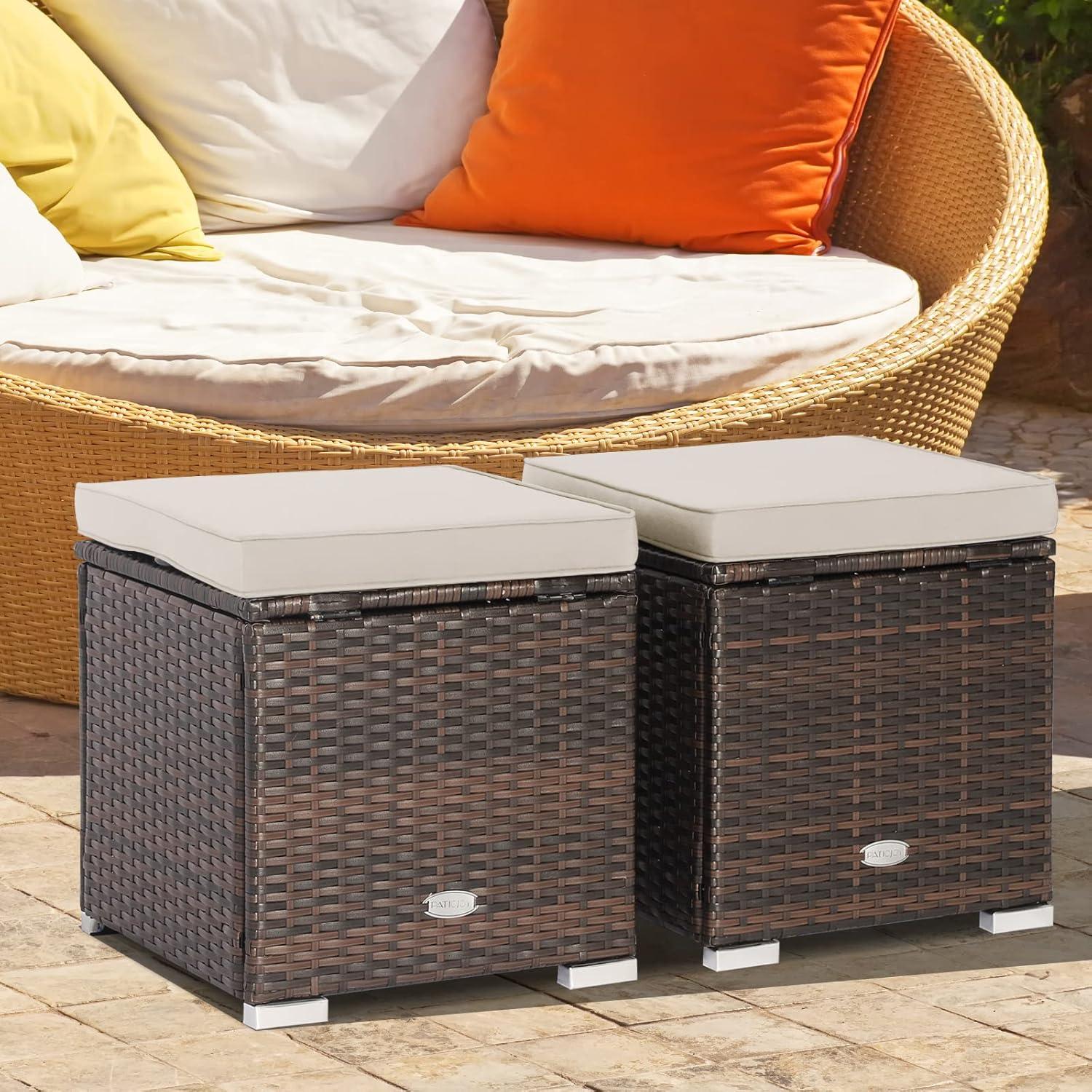 Navy Cushioned PE Rattan Storage Ottomans Set