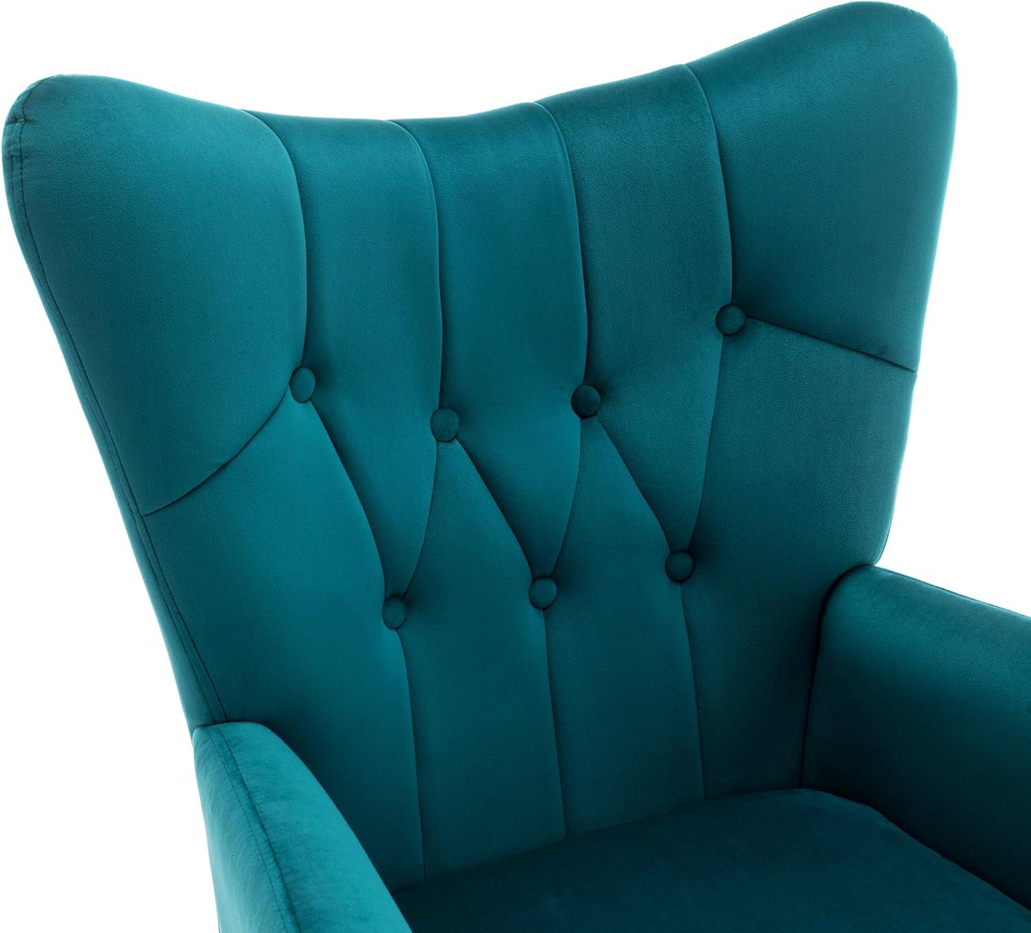 Modern Chic Mid-Century Velvet Accent Armchair for Living Room, Bedroom, or Home Office, Button-Tufted Wingback Design with Gold Flared Legs, Dark Teal