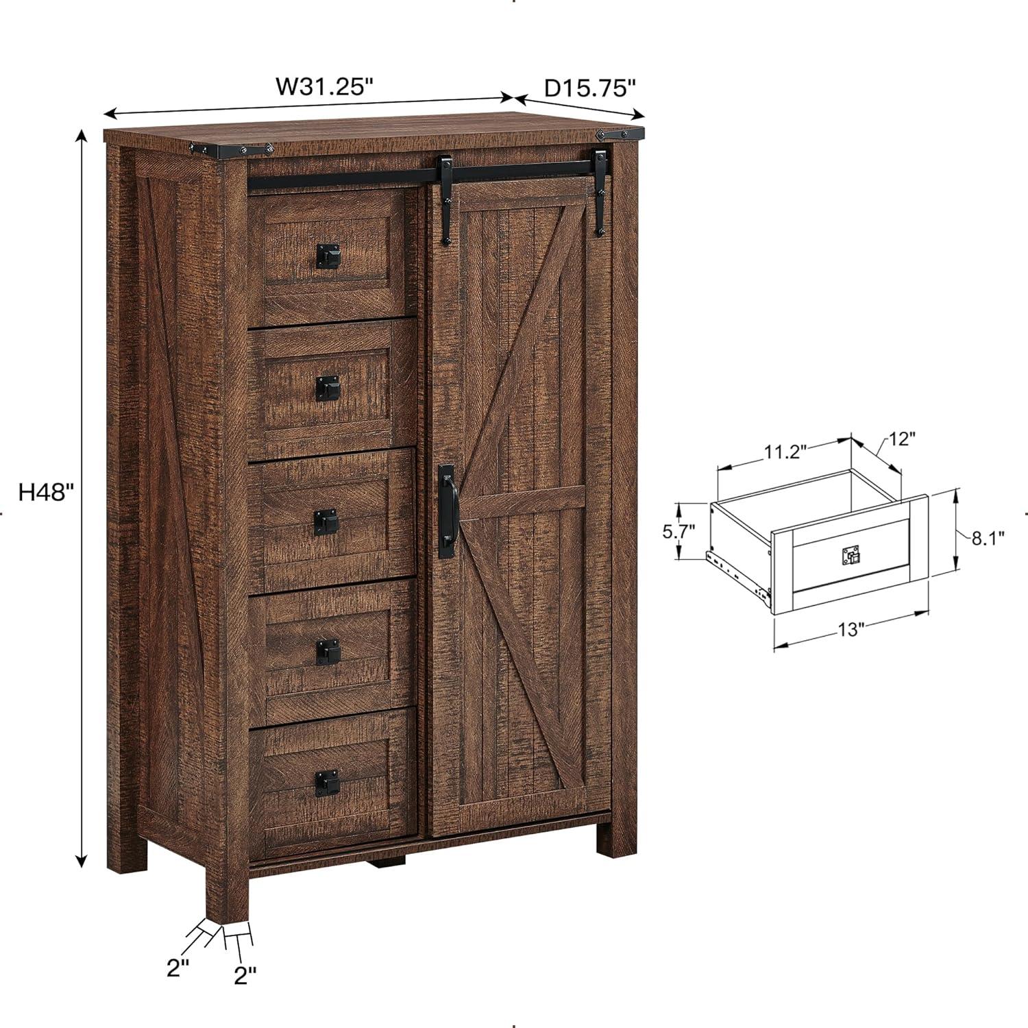 Farmhouse 5 Chest of Drawers, Tall Drawers Dresser with Sliding Barn Door