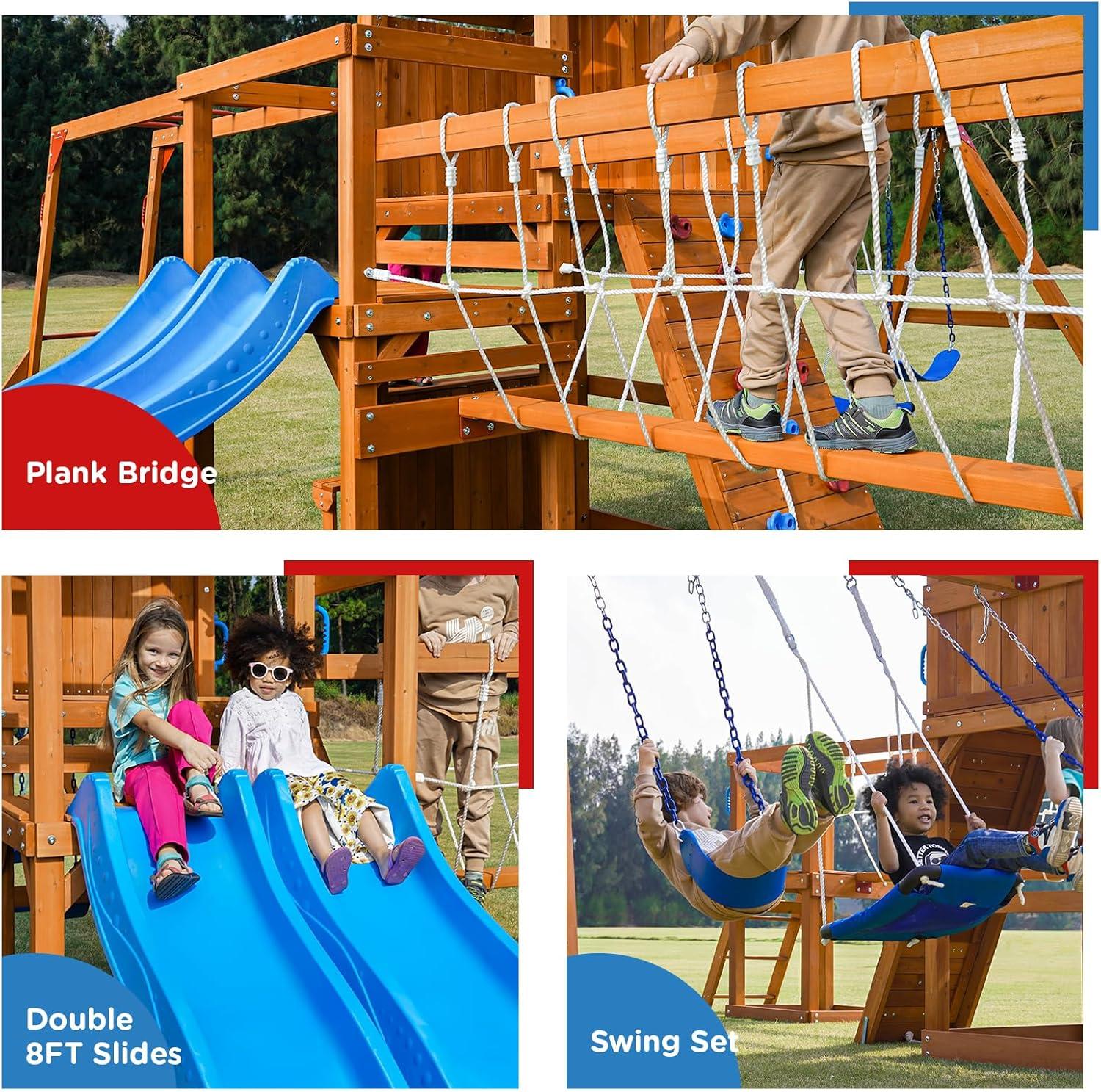 Dolphin Playground Dolphin Playground Luxury Cedar Playground Set: Double Wave Slide, 2-in-1 Table, Monkey Bars, Balance Beam, 3 Swings, Large Rock Wall, Wood Roof