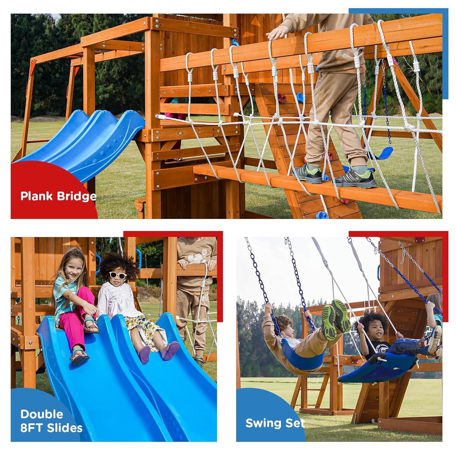 Dolphin Playground Dolphin Playground Luxury Cedar Playground Set: Double Wave Slide, 2-in-1 Table, Monkey Bars, Balance Beam, 3 Swings, Large Rock Wall, Wood Roof
