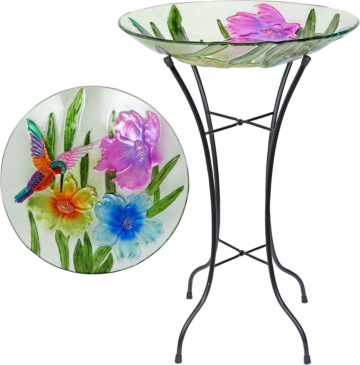 Colorful Glass Birdbath with Metal Stand, 18"