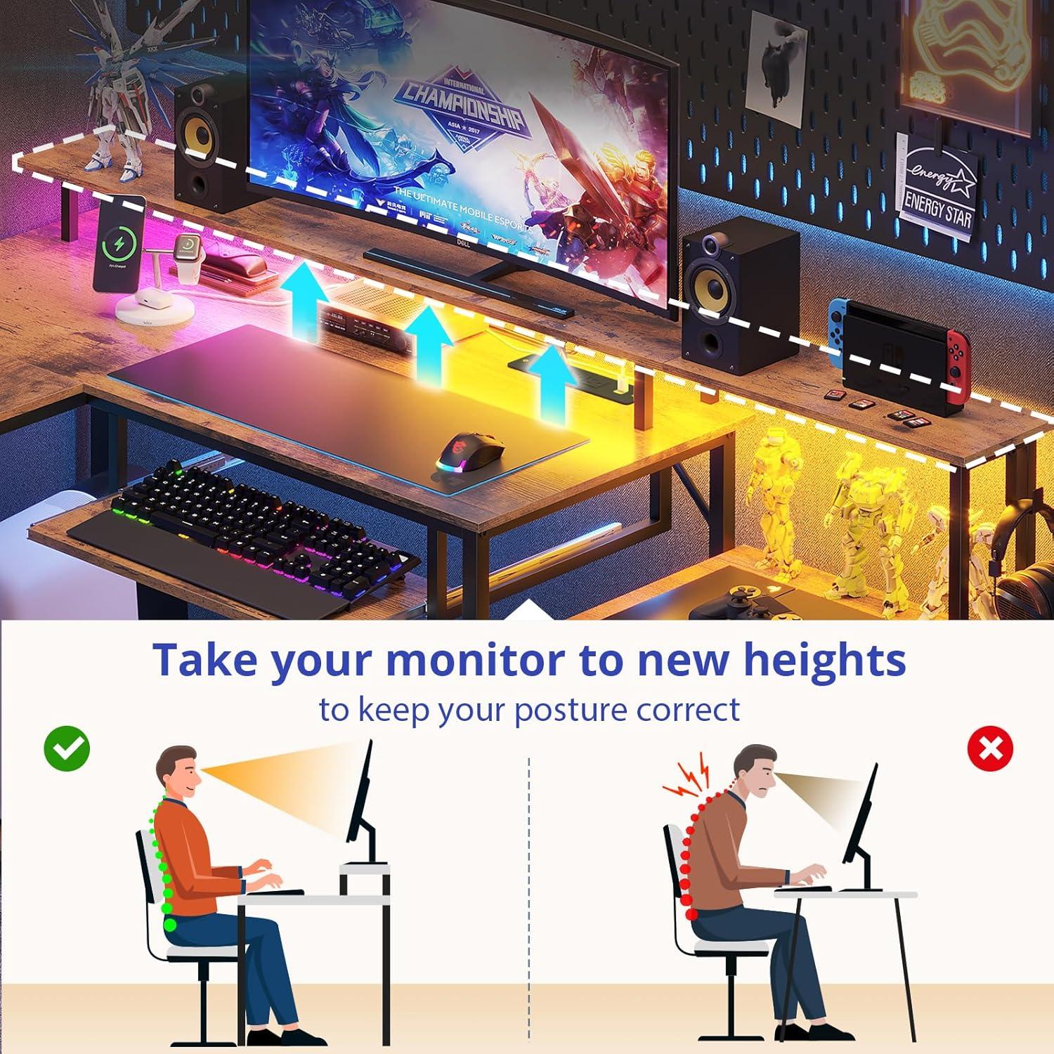 Afuhokles L Shaped Gaming Desk, Led Reversible Corner Computer Desk with Power Outlet, Monitor Stand CPU Stand, Brown