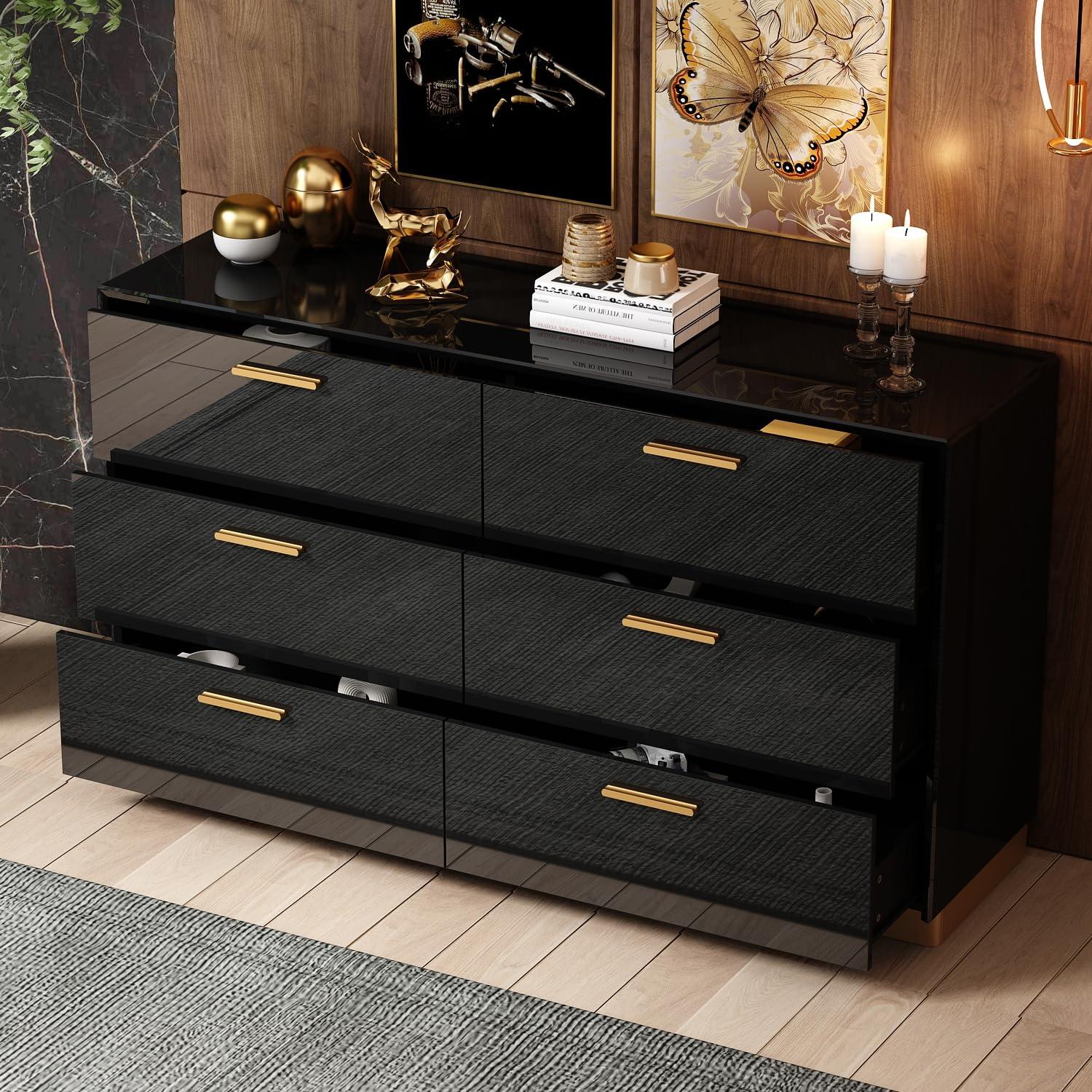 Homsee Black 55.1" L Dresser Storage Chest with 6 Drawers & High Glossy Surface, Wood Double Dresser Chest with Metal Handles for Bedroom, Living Room & Hallway
