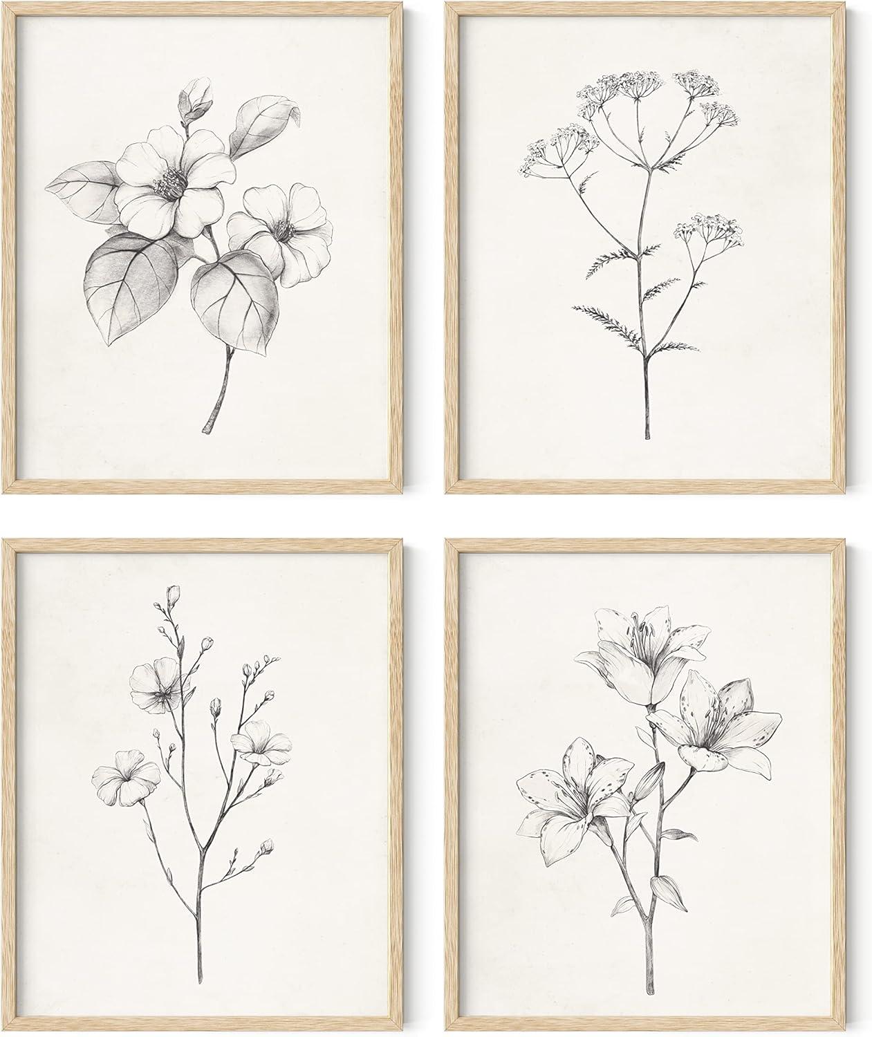 8x10 Beige Framed Botanical Flower Prints Set