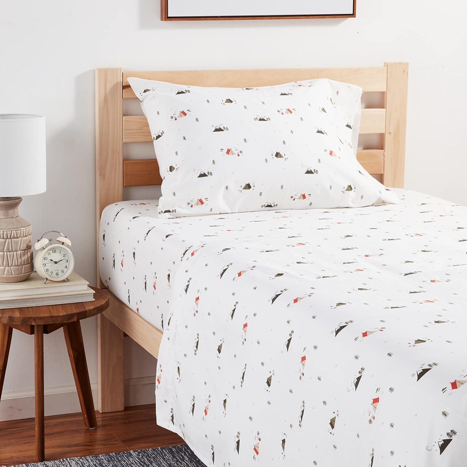 Twin White Organic Cotton Percale Camping Print Sheet Set