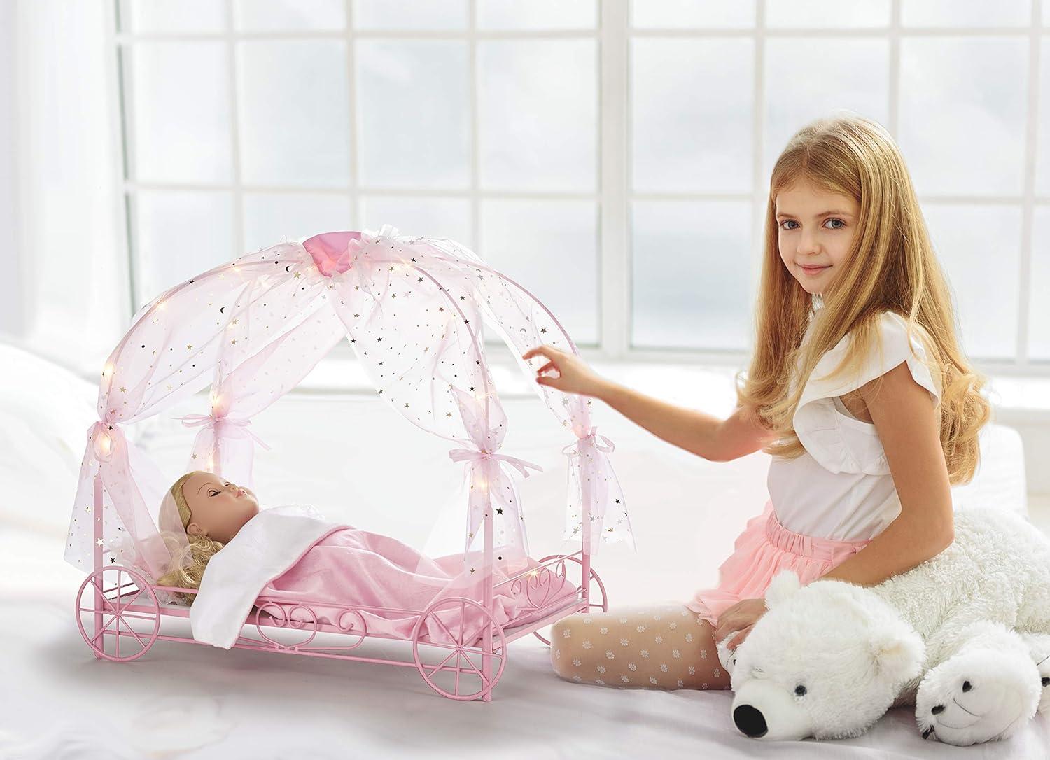 Badger Basket Royal Carriage Doll Bed with Canopy, Bedding and LED Lights
