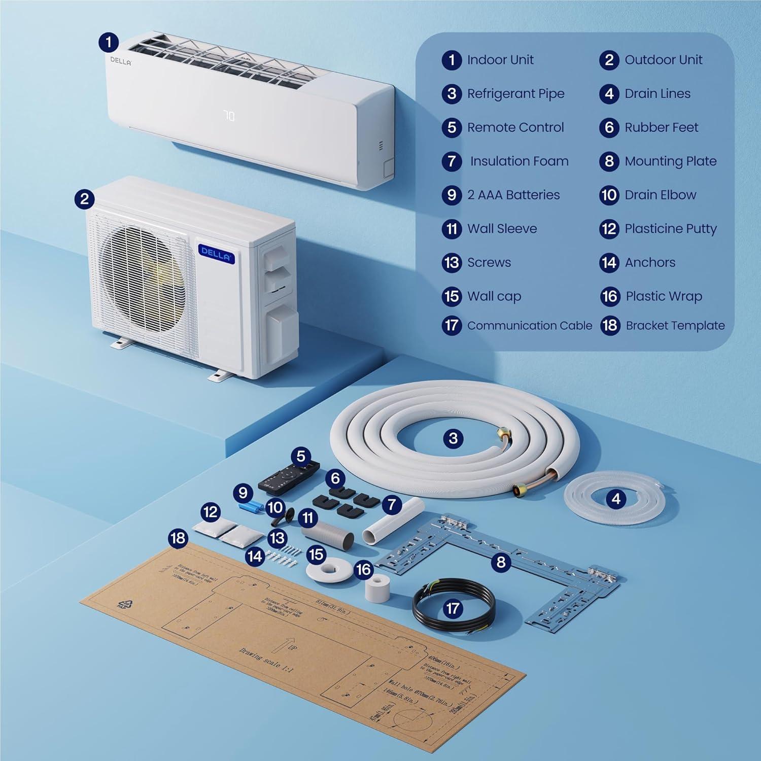 DELLA Vario Series 36,000 BTU 3 Ton 19 SEER2 Ductless Mini Split AC, Pre-Charged Heat Pump, Energy Efficient Inverter System, Work with Alexa, Cools up to 2500 Sq.Ft, 16.4ft Installation Kit