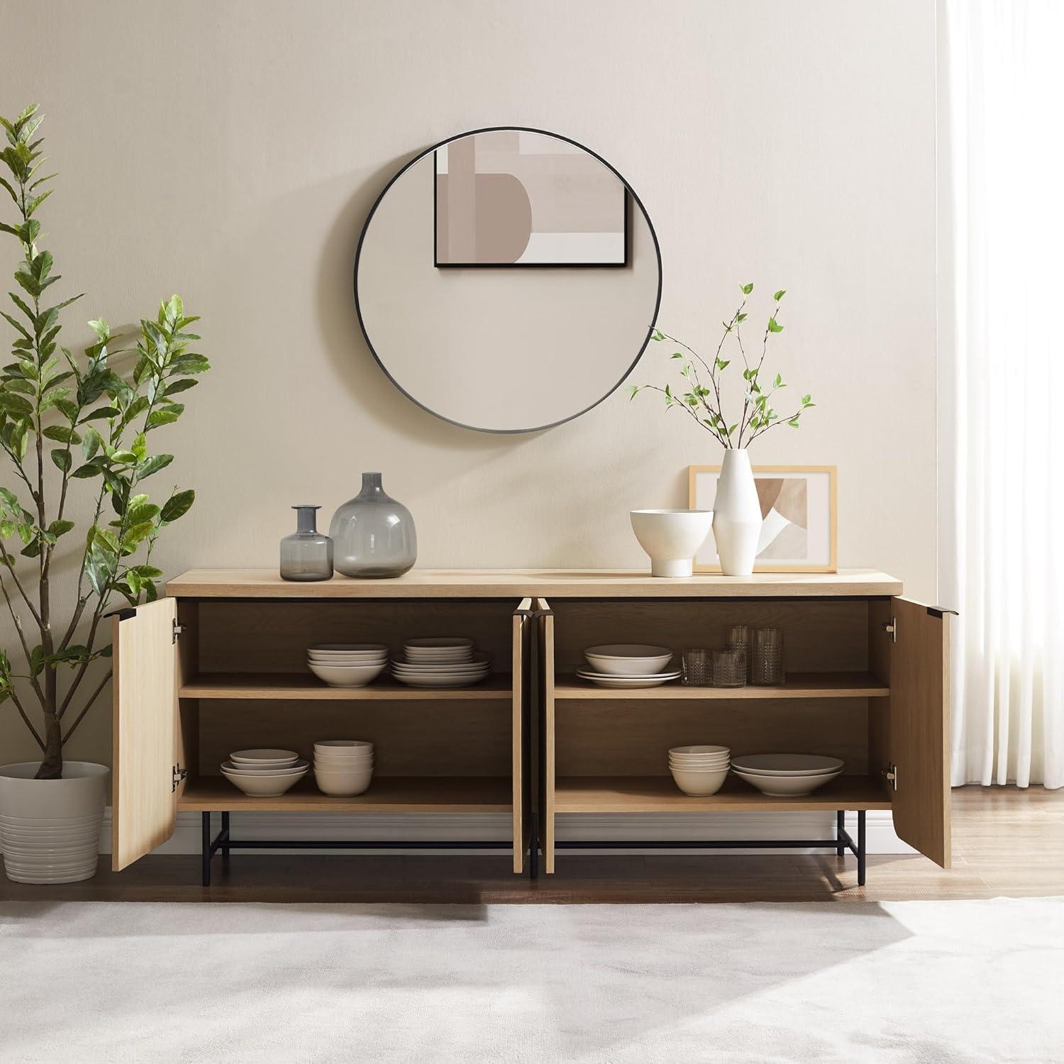 Walker Edison 69” Scandinavian 4-Door Reeded-Front Sideboard, Black & Coastal Oak