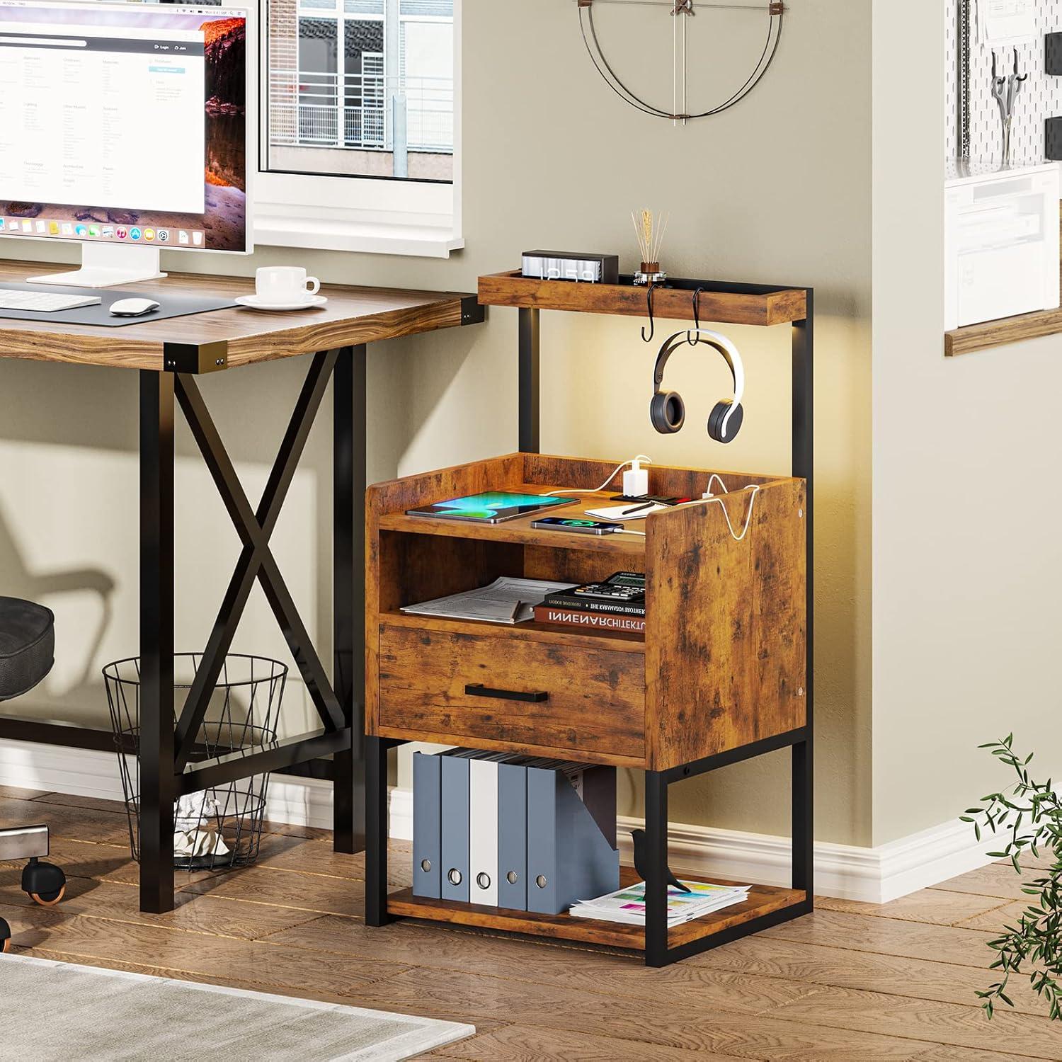 Brown LED Night Stand with Charging Station, Modern Bedside Table for Bedroom