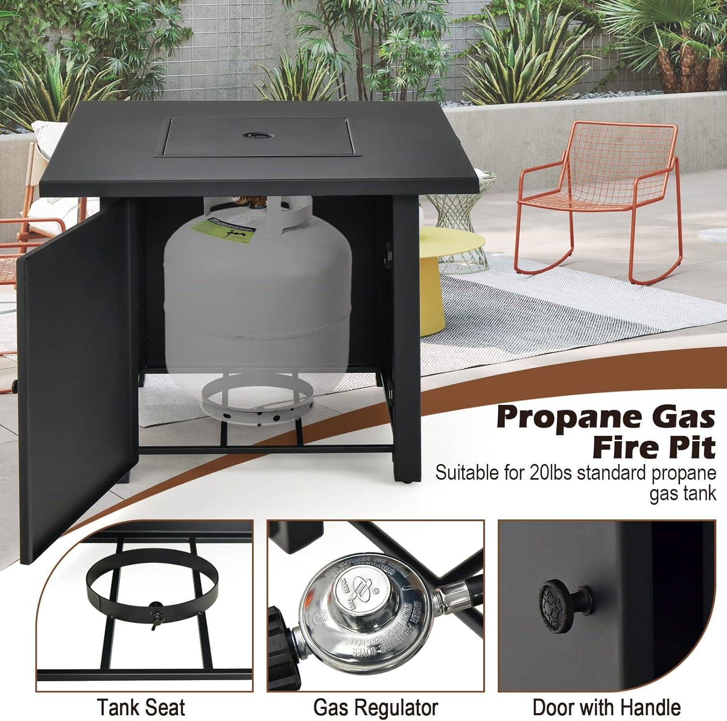 Tangkula 32 Inch Patio Propane Gas Fire Table 50,000 BTU Square Fire Pit Table w/ Clear Glass Rocks & PVC Protective Cover