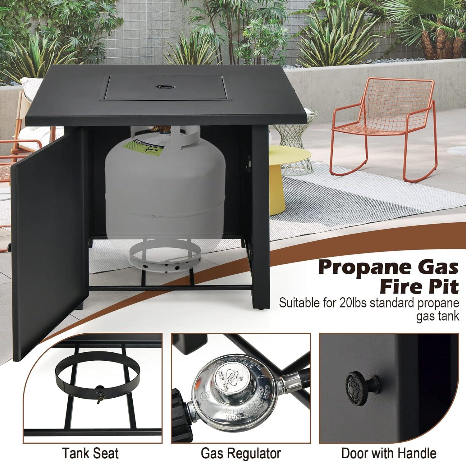 Tangkula 32 Inch Patio Propane Gas Fire Table 50,000 BTU Square Fire Pit Table w/ Clear Glass Rocks & PVC Protective Cover