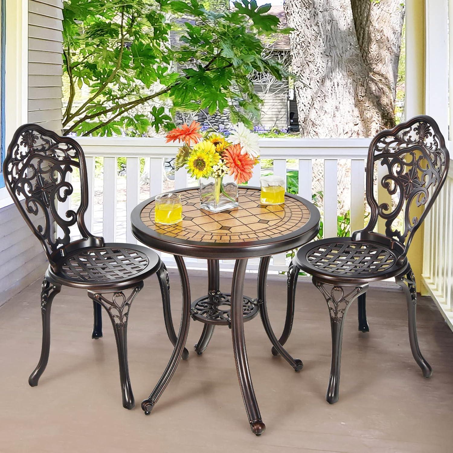 3PCS Patio Bistro Set Round Table Chairs All Weather Cast Aluminum