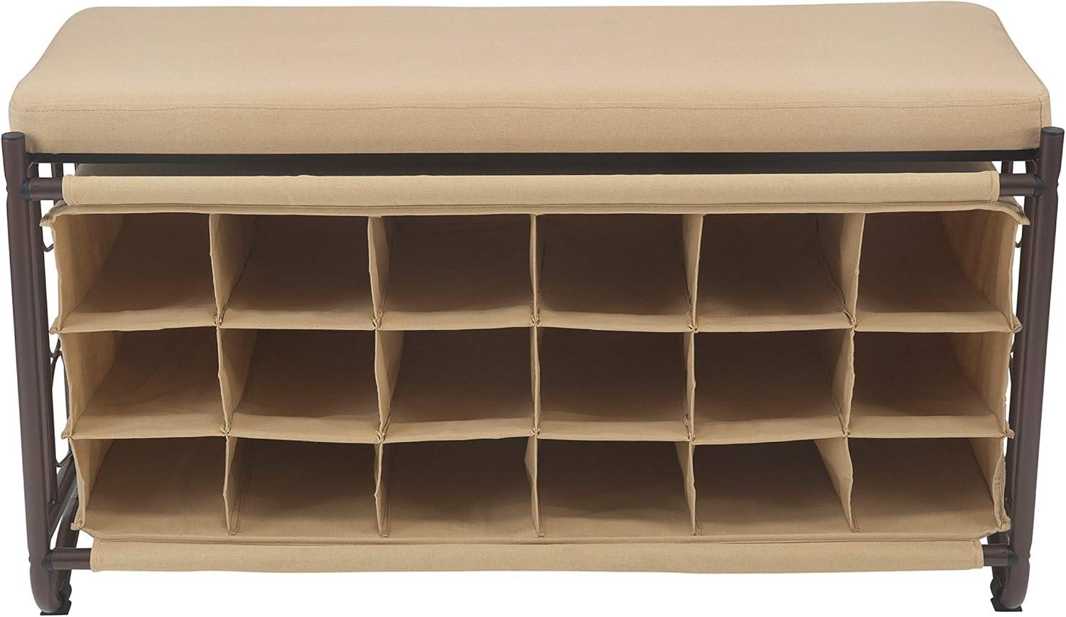 Organize It All Shoe Rack with Bench: Metal Frame, Holds 18 Pairs, Entryway Shoe Storage, Beige & Black, 39.75" Width