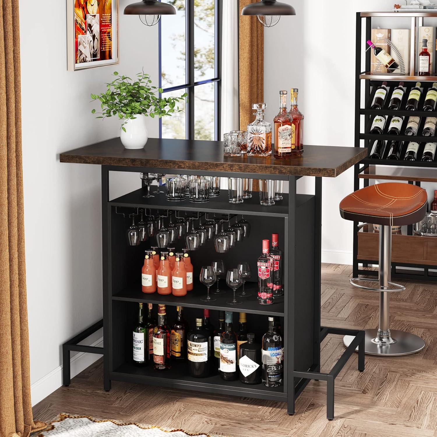 Industrial Black and Brown 3-Tier Home Bar Unit with Footrest