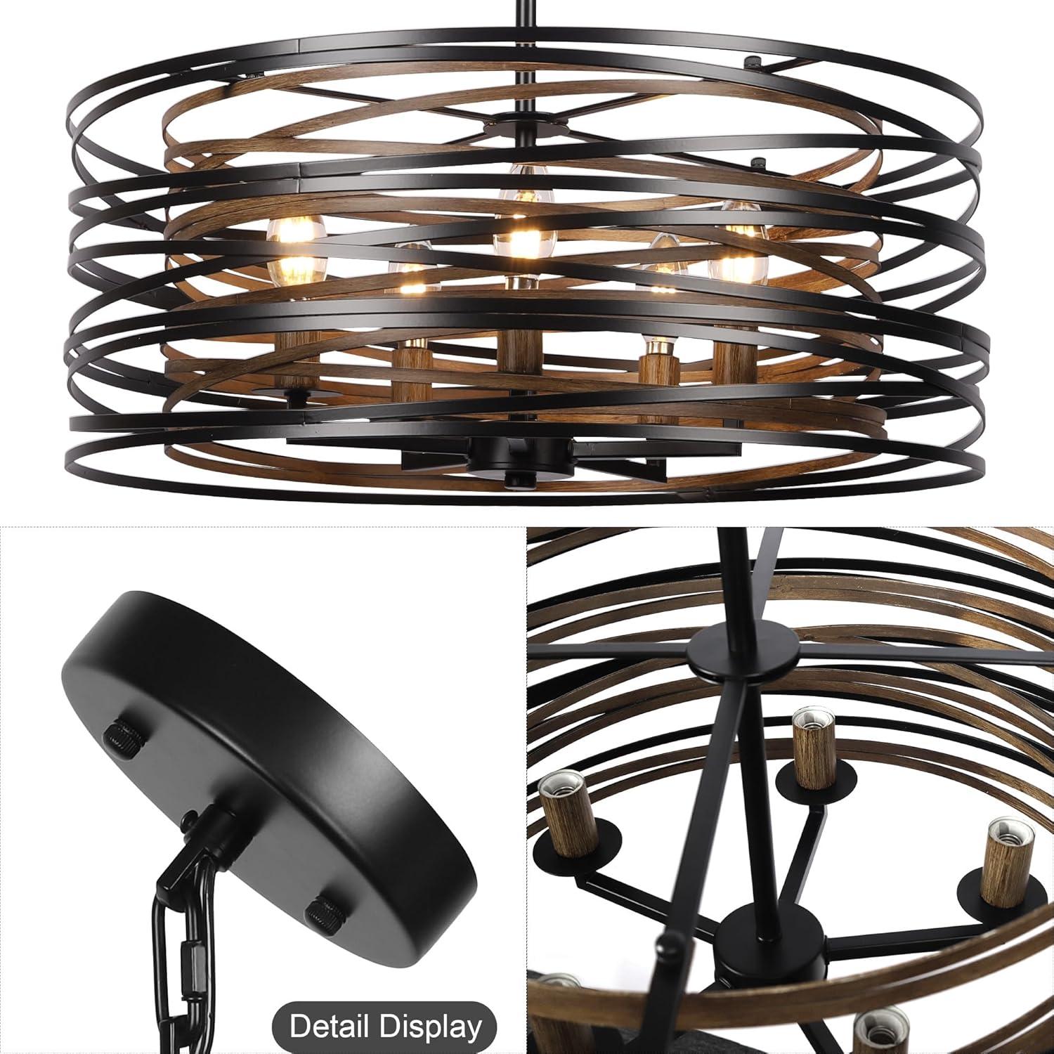 Dining Room Lighting Fixture, 5-Light Farmhouse Black Chandelier Drum Light, Round Metal with Retro Wood Texture Interior, E12 Bulbs Not Included