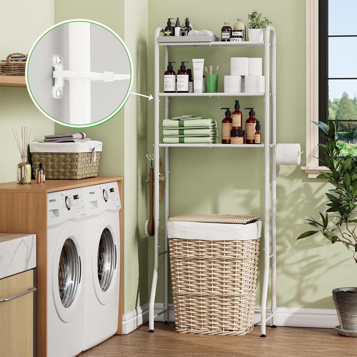 Over The Toilet Storage Shelf For Bathroom, 3-Tier Above Toilet Rack Bathroom Organizer With Adjustable Shelves And Hanging Hooks, Easy To Assemble & Space Saving, White