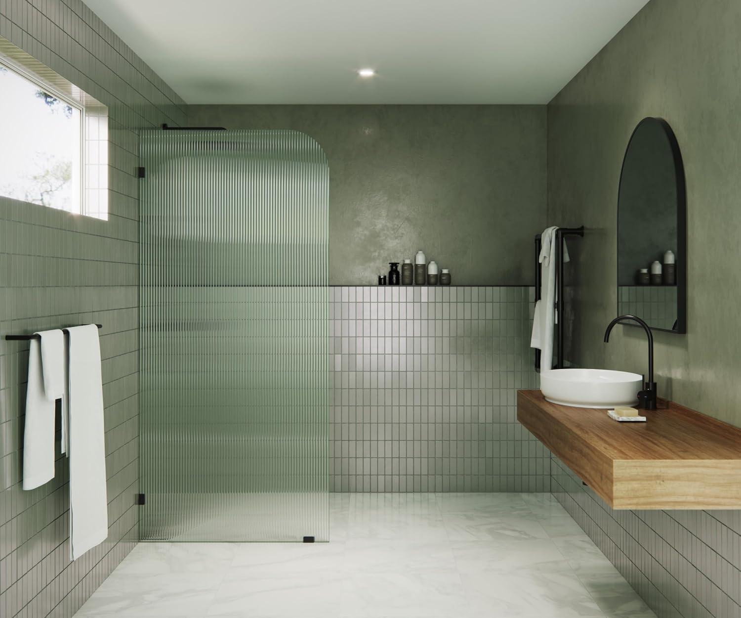 Glass Warehouse  36" x 78" Frameless Shower Door - Single Fixed Panel Fluted Frosted Radius Matte Black 36 Inch - Left Matte