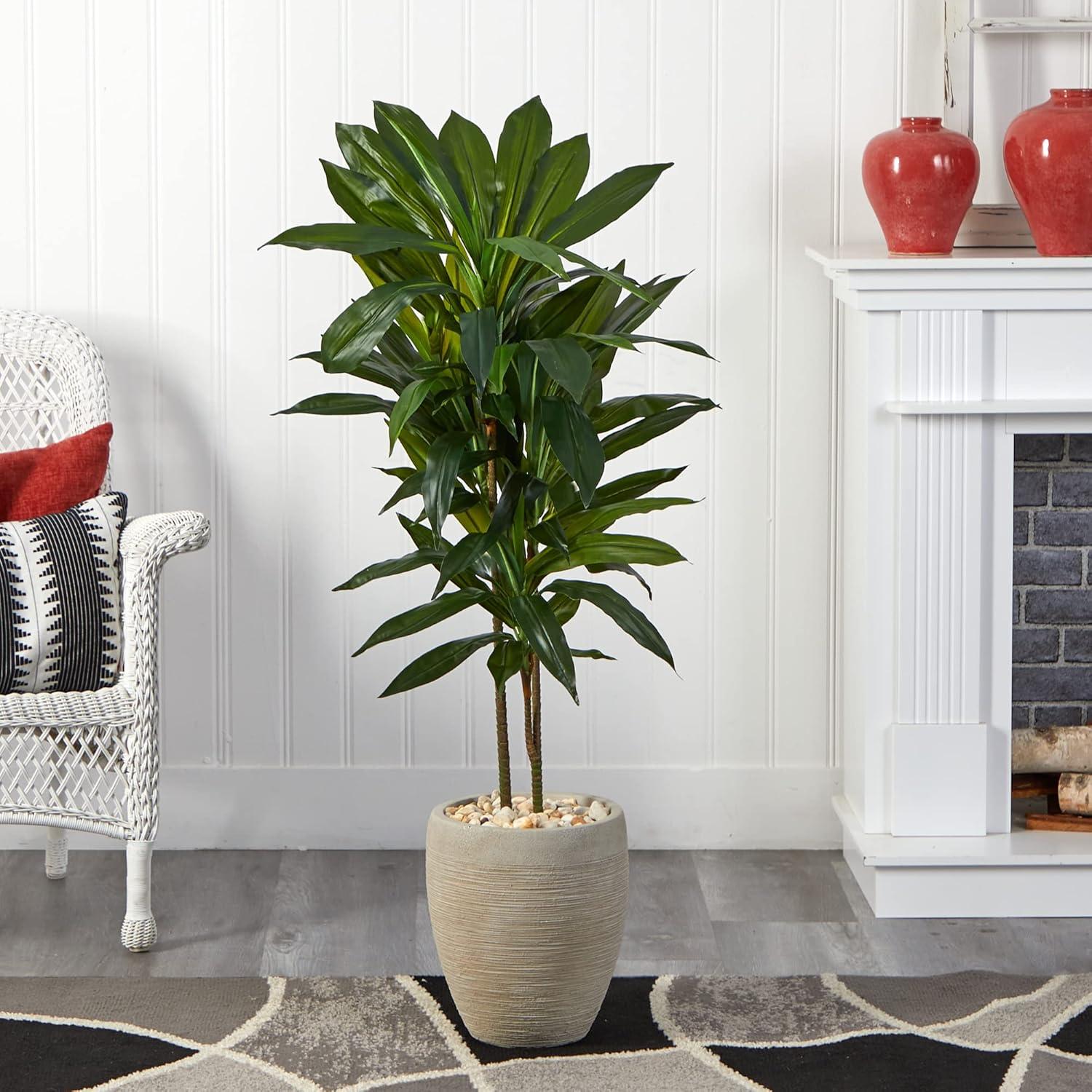 Nearly Natural 4-ft Artificial Dracaena Plant in Sand Colored Planter (Real Touch)