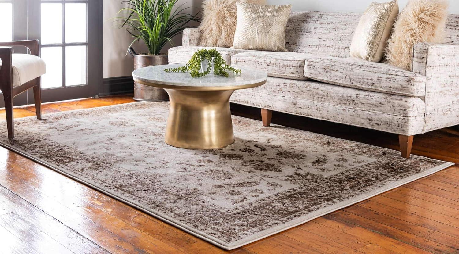 Ivory and Brown Synthetic Stain-Resistant Rectangular Area Rug