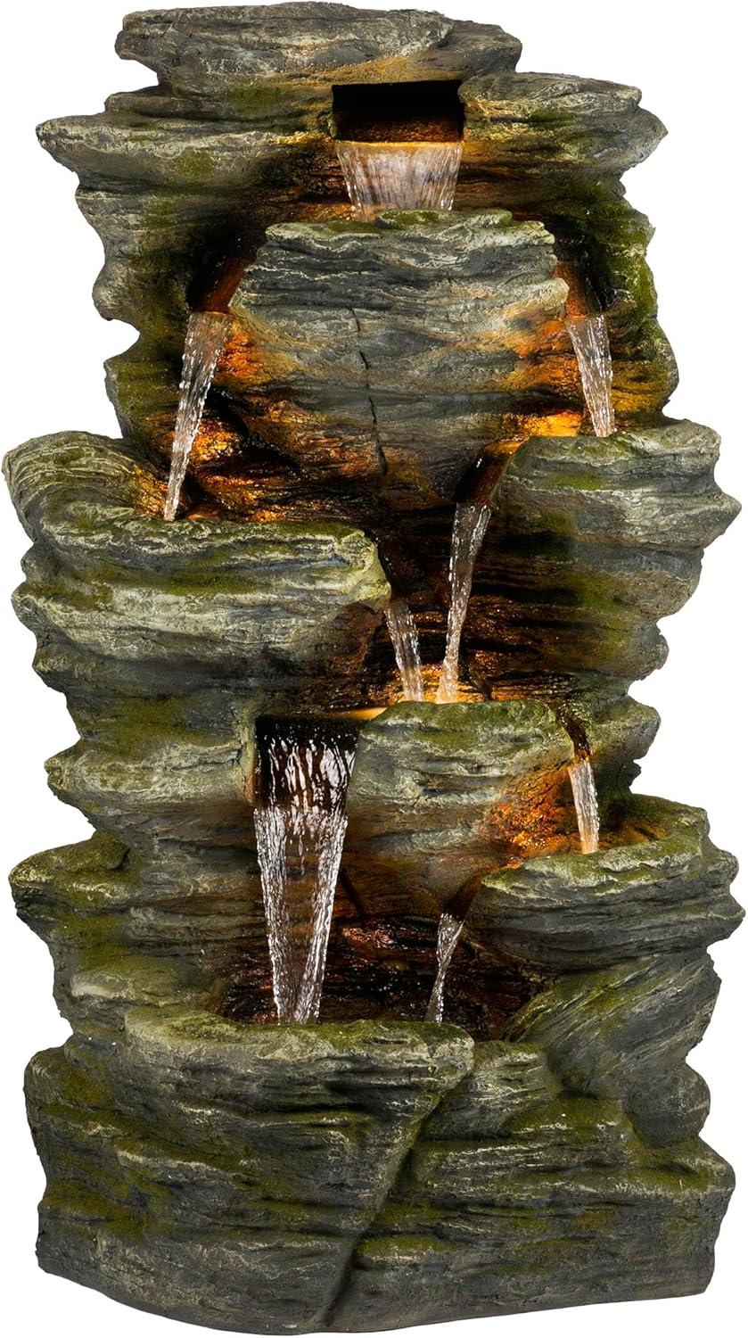 51" Resin Rock Cascading Fountain with LED Lights Gray - Alpine Corporation: Waterfall Feature, Birdbath