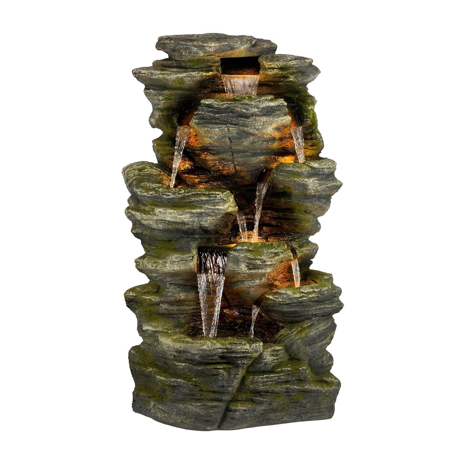 51" Resin Rock Cascading Fountain with LED Lights Gray - Alpine Corporation: Waterfall Feature, Birdbath
