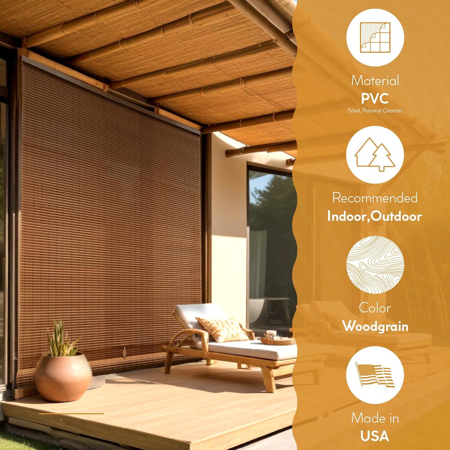 60" x 72" Outdoor Oval Vinyl Cord-Free PVC Rollup Blinds Woodgrain - Radiance: Light Filtering Shade for Patio