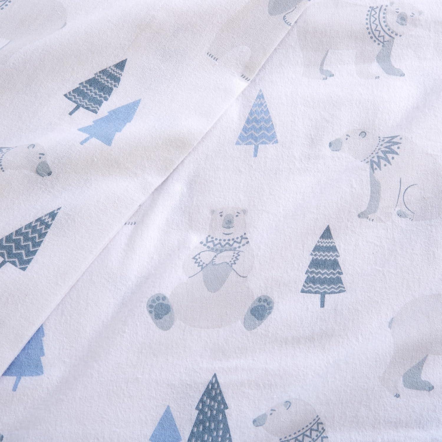 Full White Cotton Flannel Deep Pocket Sheet Set with Polar Bear Print