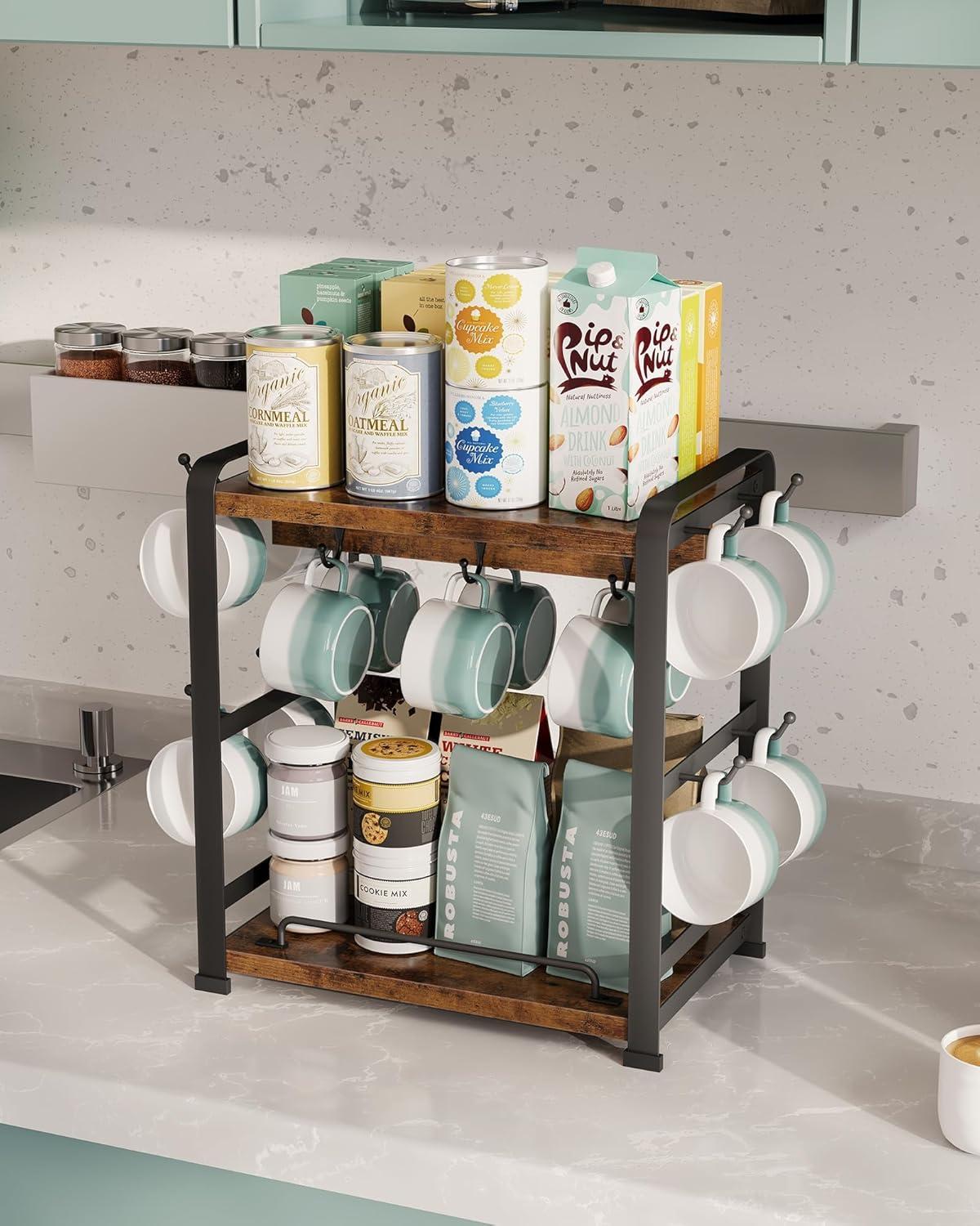 17 Stories Coffee Bar Organizer With 14 Mug Hooks, Wood Coffee Mug Holder Stand For Countertop, 2 Tier Coffee Station Organizer For Coffee Cups, Mugs, Syrups, Accessories