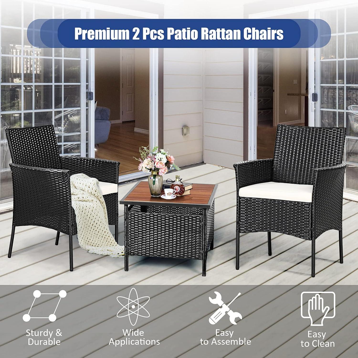 HMTtie Patio Dining Chairs Set of 2, Indoor Outdoor Wicker Armchairs with Cane Back, Soft Cushions, 2 Pack PE Woven Rattan Kitchen & Dining Room Chairs, 360LBS Weight Capacity (2, Black+Beige)