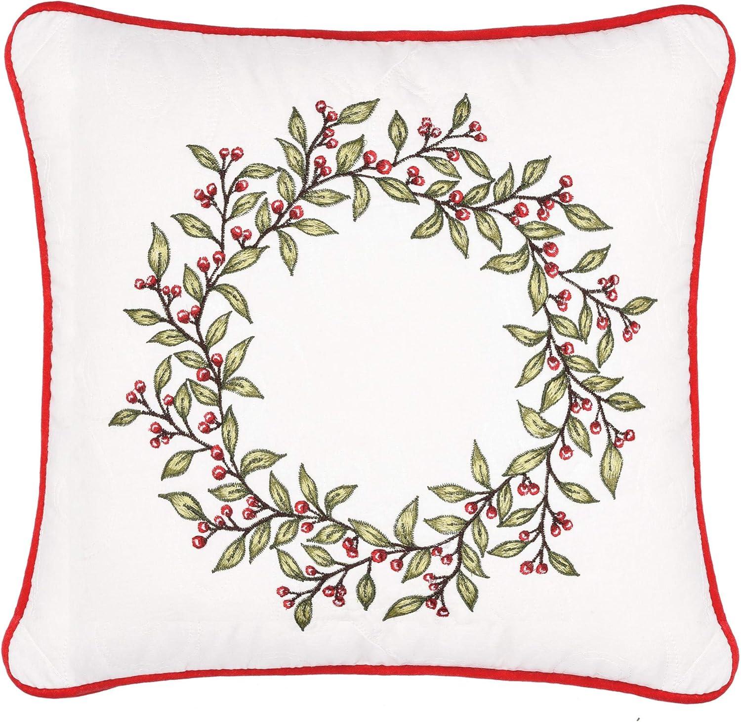 16" White Cotton Embroidered Christmas Pillow with Red Trim