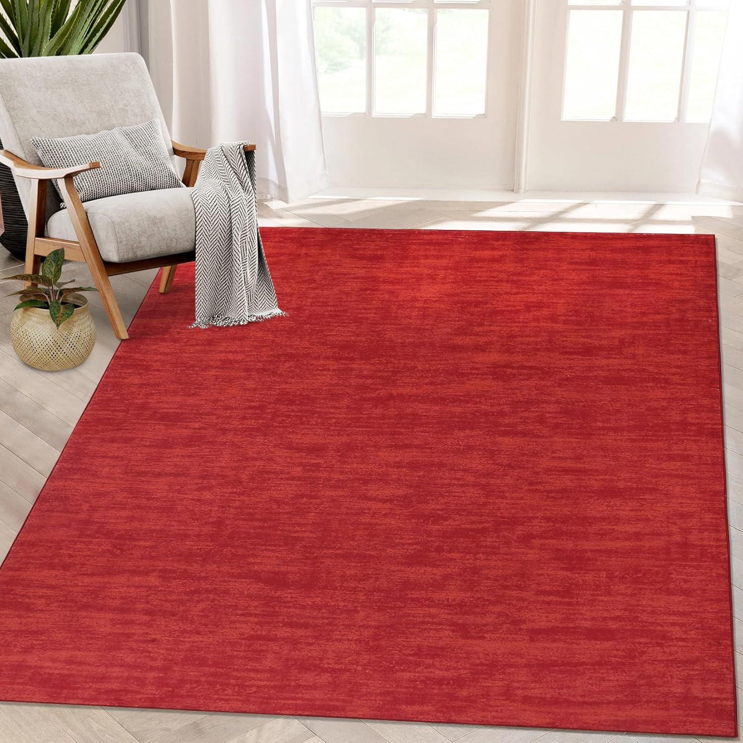 GlowSol 4' x 6' Red Solid Area Rug Soft Low-Pile Non-Slip Modern Machine Washable Area Rug Indoor Carpet for Living Room Bedroom Kids Room