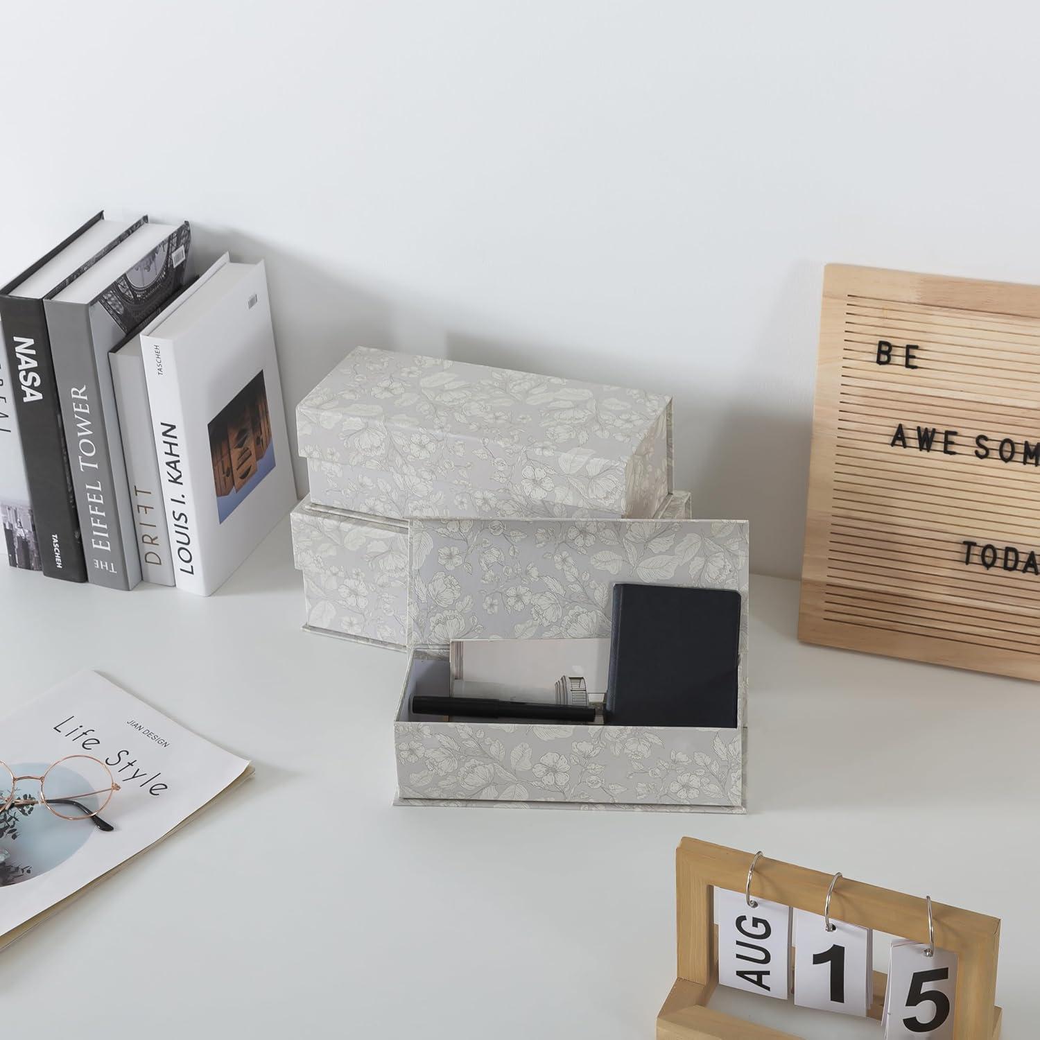 Soul & Lane Decorative Storage Boxes with Lids, Set of 3 Memory Keepsake Boxes with Magnetic Closure, Cardboard Storage for Photos, Documents, Gifts, Home Decor, Subtle Bloom