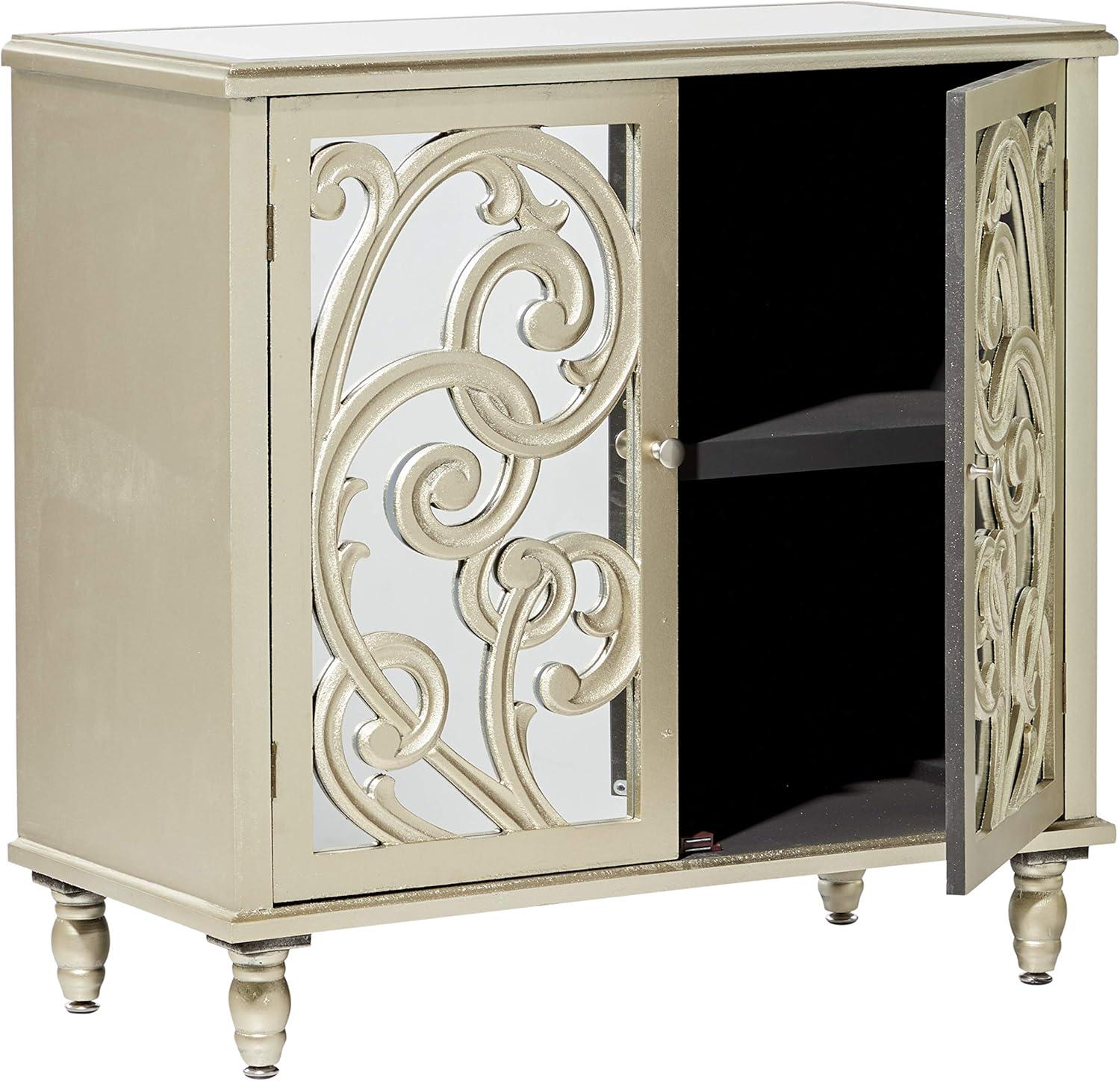 DecMode 31" x 30" Champagne Wood Intricately Carved 1 Shelf and 2 Doors Scroll Cabinet with Mirrored Front, 1-Piece