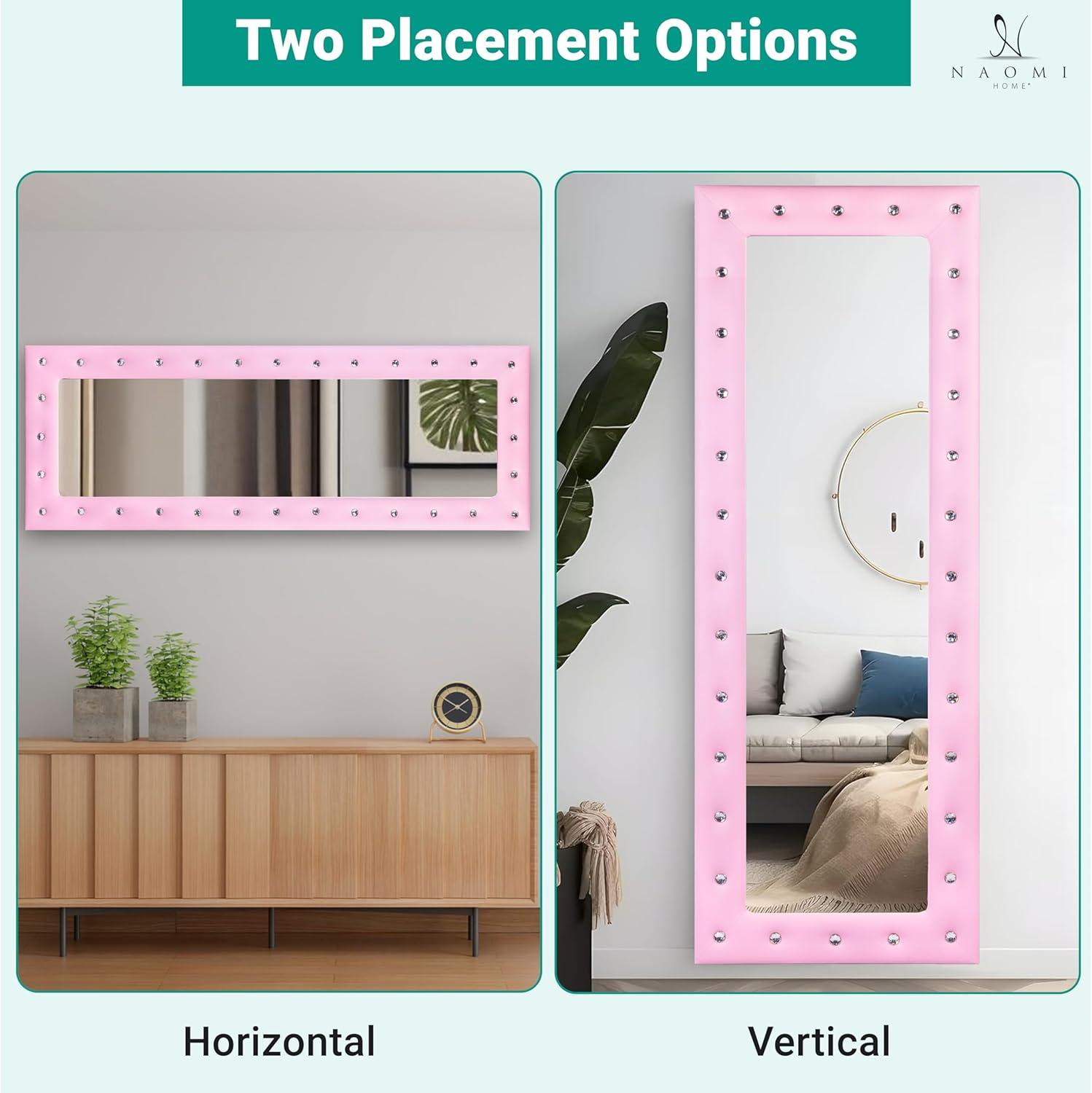 Naomi Home Crystal Tufted Floor Mirror Full Length 63 LX22 W Wall Mirror Full Length Standing Wall with Faux Wood Frame Mirrors for Bedroom - Pink