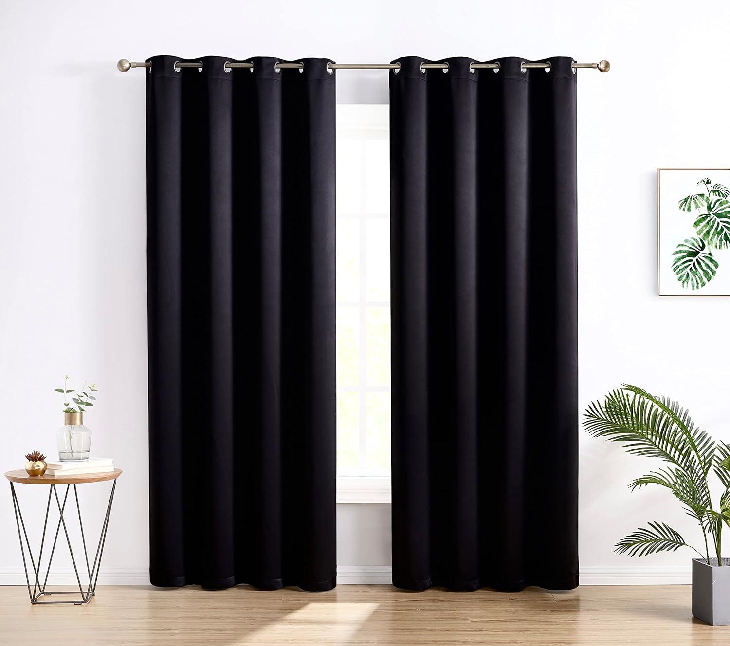 HLC.ME Oxford Curtains for Living Room, Room Darkening Energy Saving, Insulated Darkening Window Grommet Panels, Set of 2 - Black, 52 W x 84 L