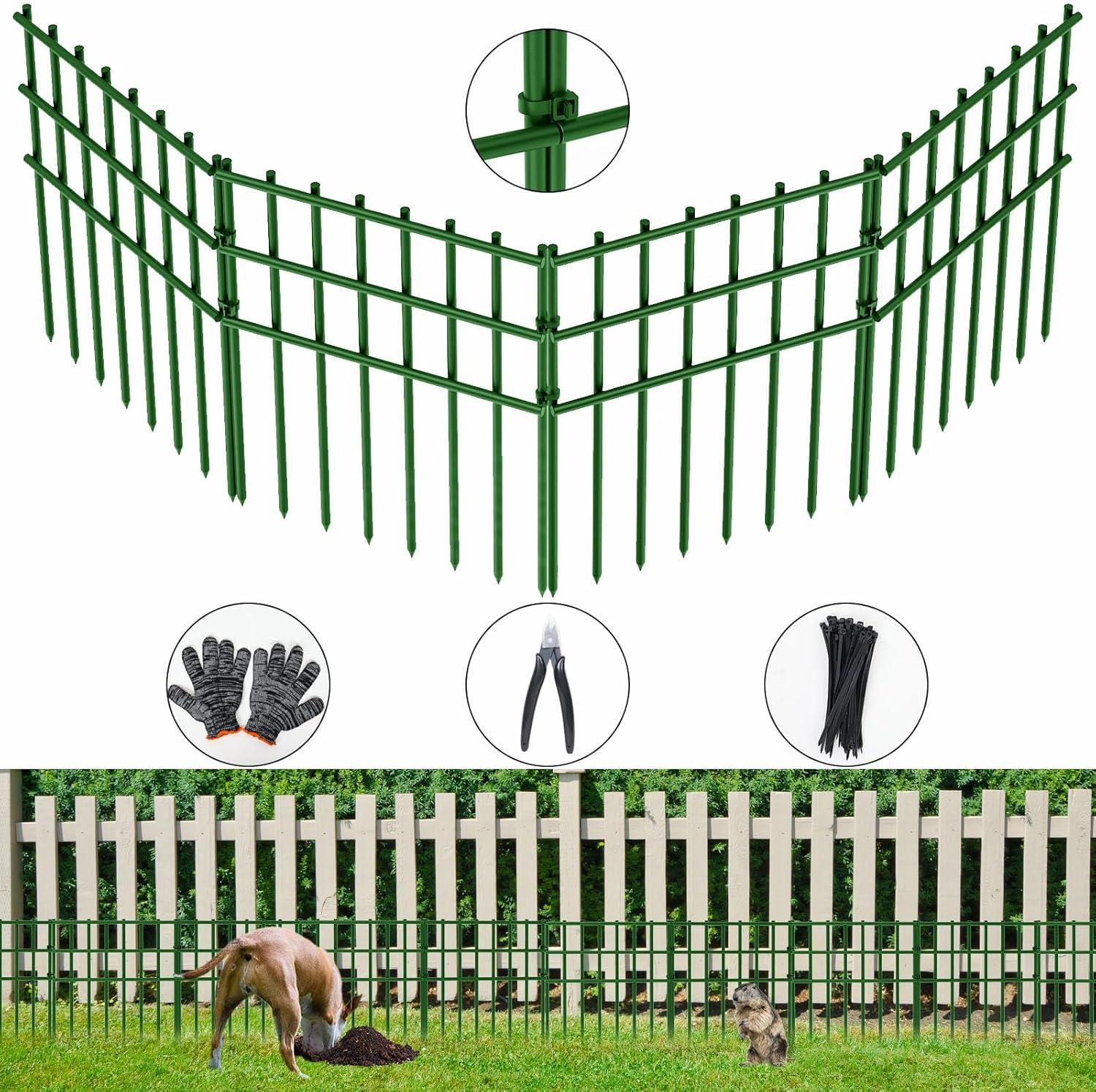 10 Pack Garden Fencing Animal Barrier, 10.8ft(L) X 17in(H) No Dig Fence Panels, 1.25in Spike Spacing Rustproof Dog Digging Fence Barrier, Dogs Rabbits Blocker Fence for Outdoor Yard