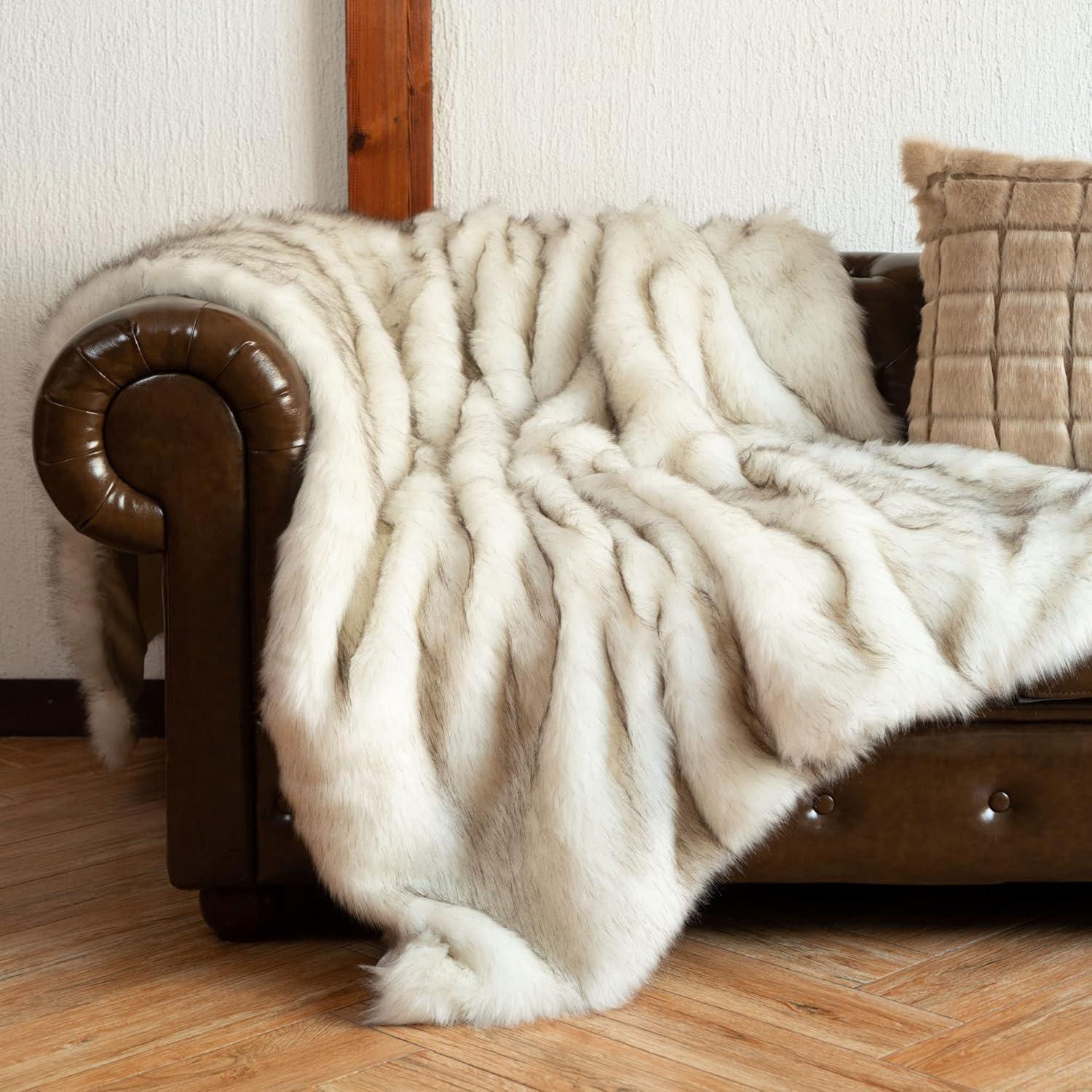 Battilo Luxury White Faux Fur Blanket,Warm Decorative Throw Blankets, Fluffy Fur Throw Blanket ,Christmas Decor,51"x67"