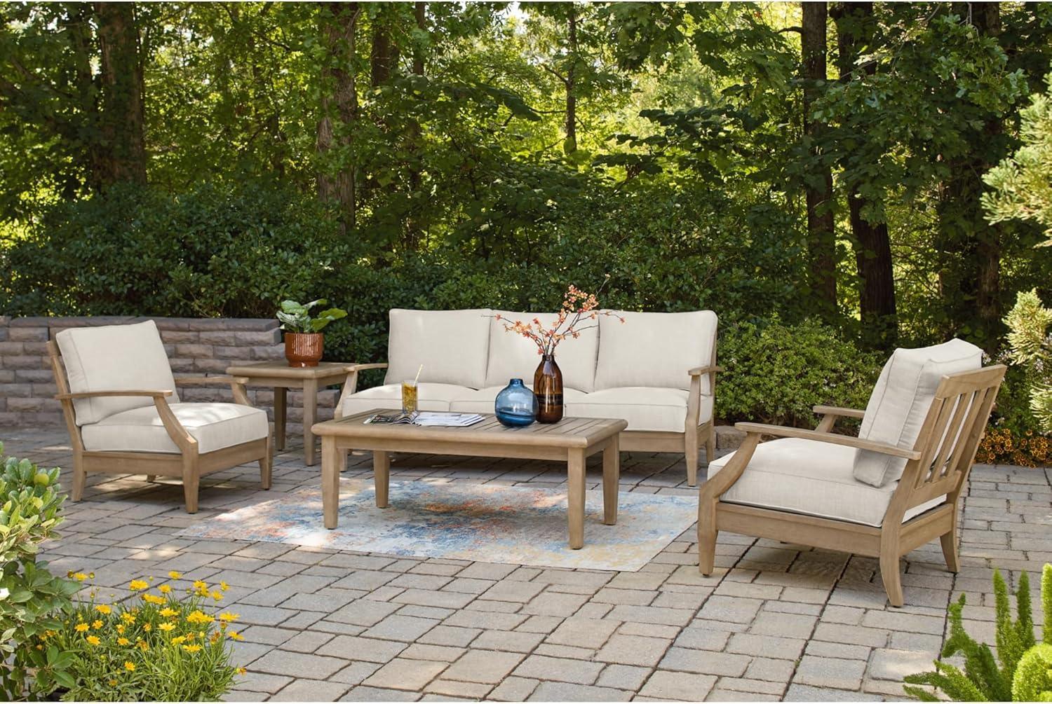 Signature Design by Ashley Carter Hall Outdoor End Table, Weather-Resistant Eucalyptus Wood, Square, Beige