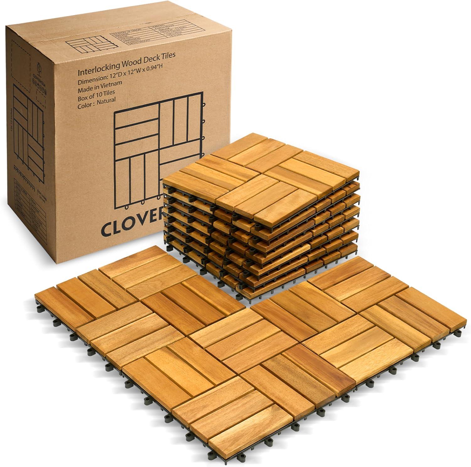 30 Pcs Premium Deck Tiles, Interlocking Deck Tile, Wooden Patio Flooring Outdoor Waterproof, Acacia Wood Decking All Weather for Balcony Indoor and Outdoor Use (Dark Brown, Round Joints)