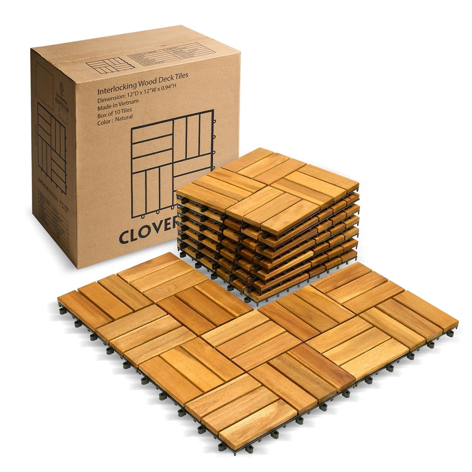30 Pcs Premium Deck Tiles, Interlocking Deck Tile, Wooden Patio Flooring Outdoor Waterproof, Acacia Wood Decking All Weather for Balcony Indoor and Outdoor Use (Dark Brown, Round Joints)