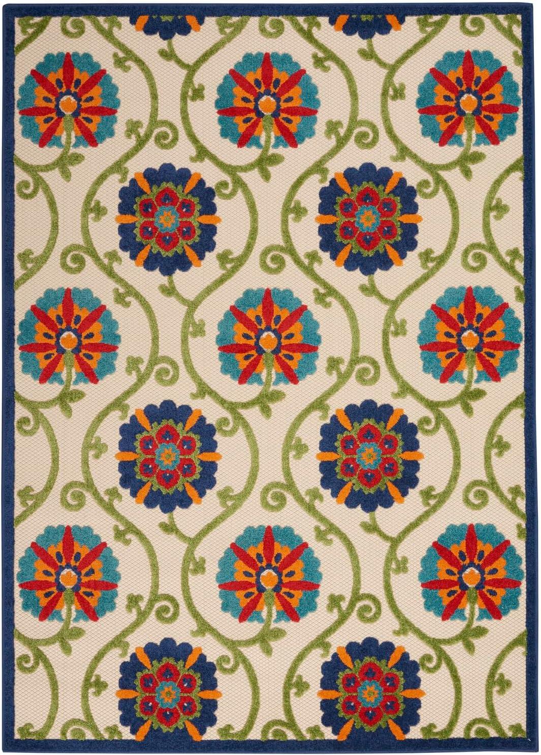 Nourison Aloha Contemporary Floral Flatweave High-Low Indoor Outdoor Area Rug Blue/Multicolor 3'6" x 5'6"