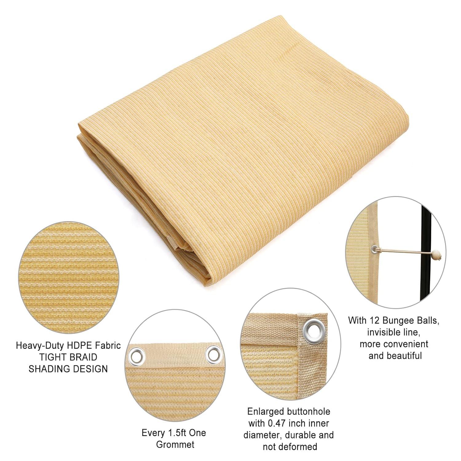 Shatex 90% Shade Fabric Sun Shade Cloth 12’ x 20’ Wheat Taped Edge with Grommets Sun-Block Mesh Shade for Pergola Cover Canopy,12 Bungee Balls