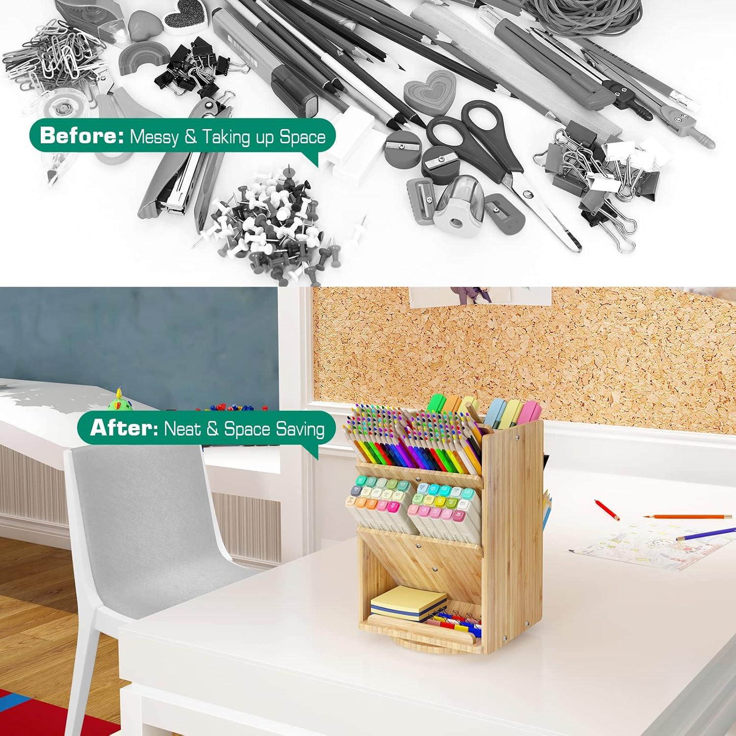 Bamboo Desk Organizer Storage Accessories - Ultra-large 13 compartments, 1000+ Pencil Holder Capacity, Easy DIY Assembly, Rotating Desktop Organizer, Cosmetics, and Office Supplies