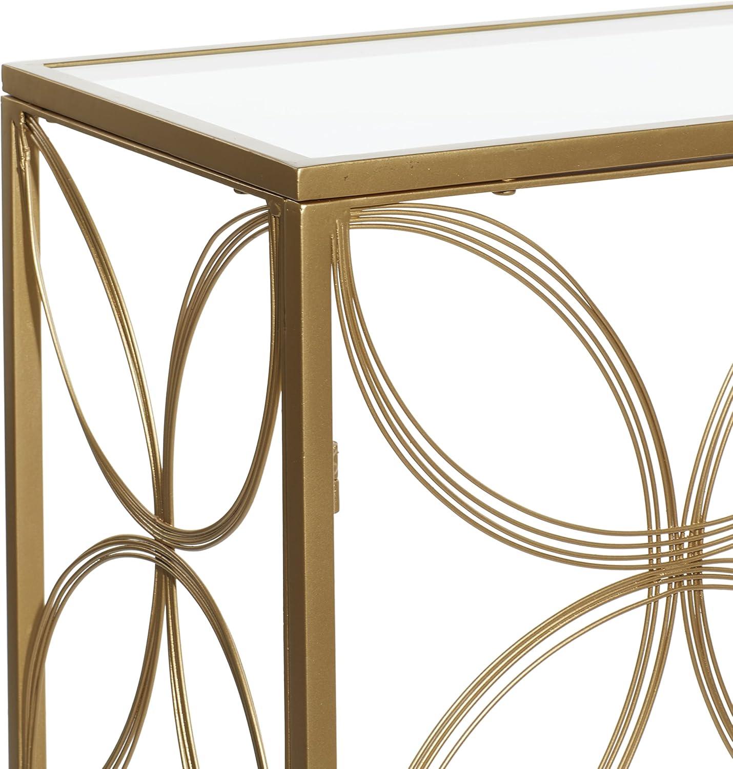 DecMode 42" x 32" Gold Metal Open Style Quatrefoil Frame Geometric Console Table with Mirrored Top, 1-Piece