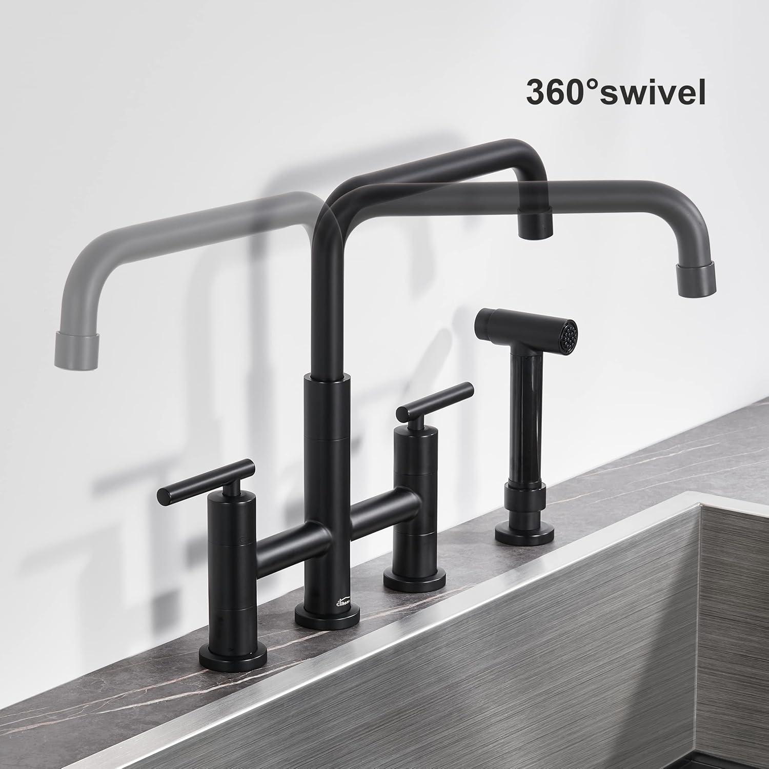 Double Handle Bridge Kitchen Faucet in Brushed Gold, with Put Out Side Sprayer