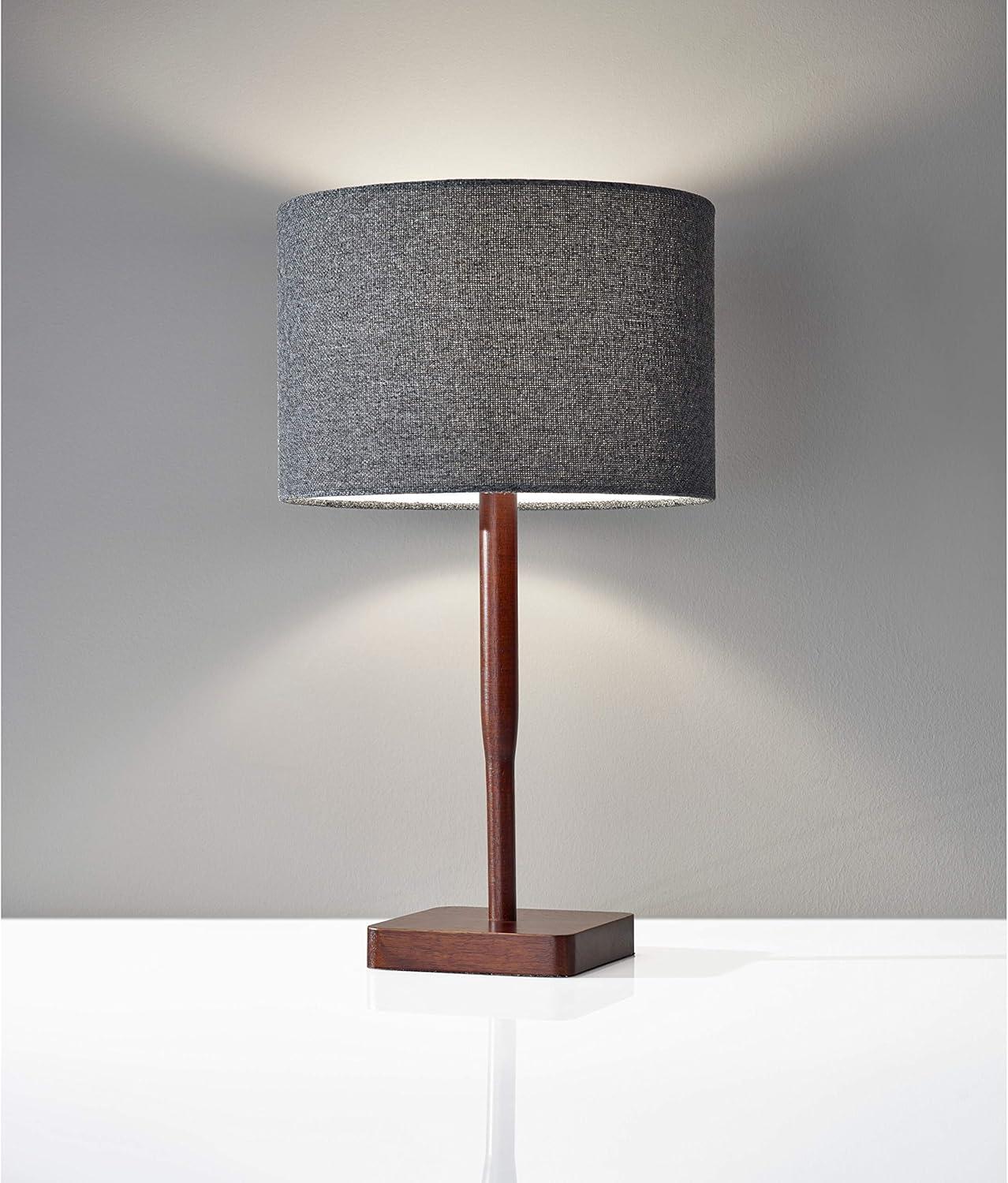 Natural Rubber Wood Table Lamp with Gray Drum Shade