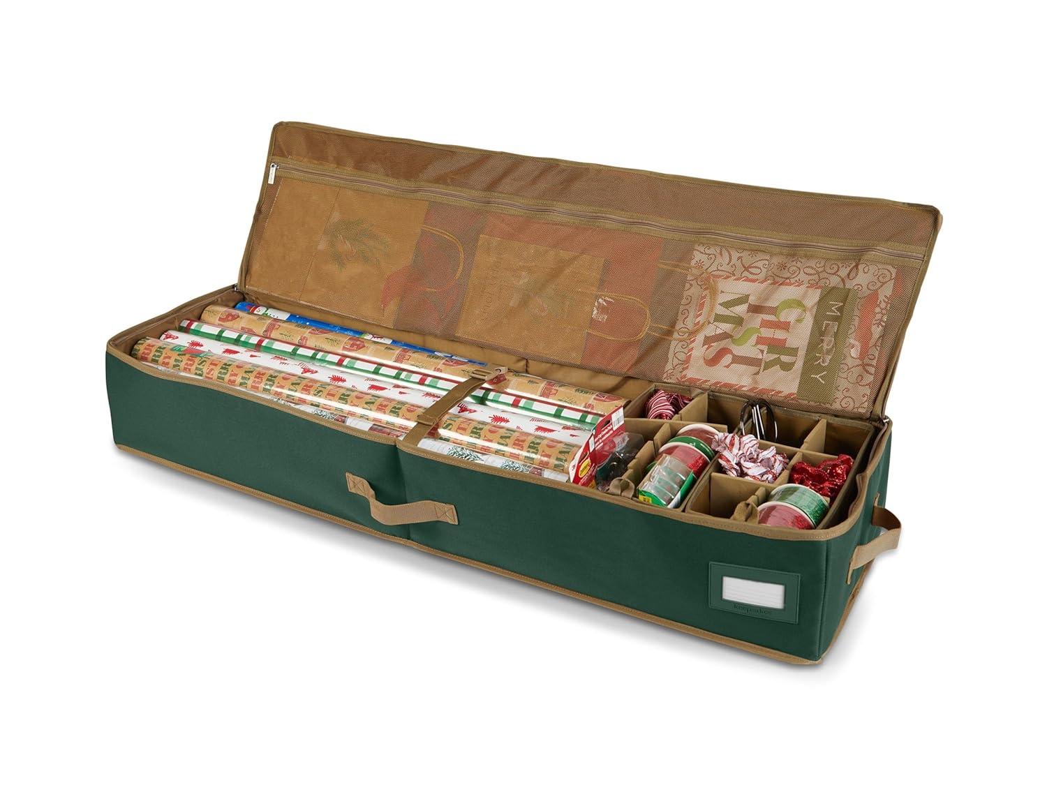 Covermates Keepsakes Gift Wrap Organizer - Holds up to 25 Rolls - Heavy Duty - Accessory Trays with Adjustable Compartments - Mesh Pocket - Holiday Storage, Green