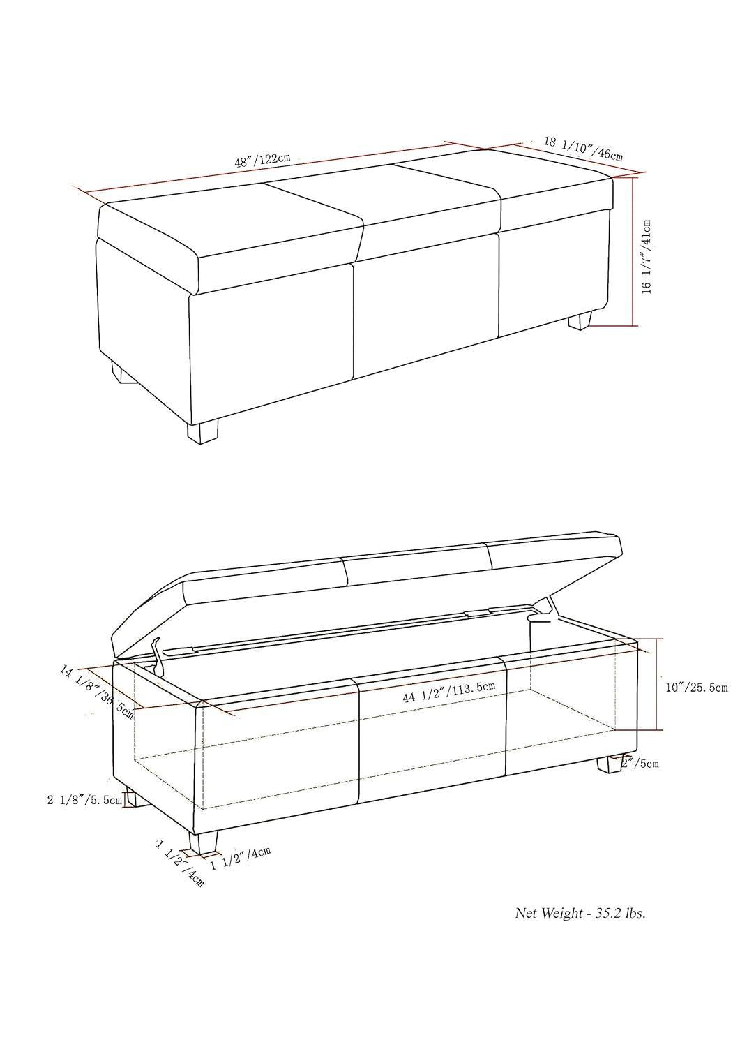 Simpli Home Avalon 48"W Upholstered Storage Ottoman Bench with Large Interior Storage
